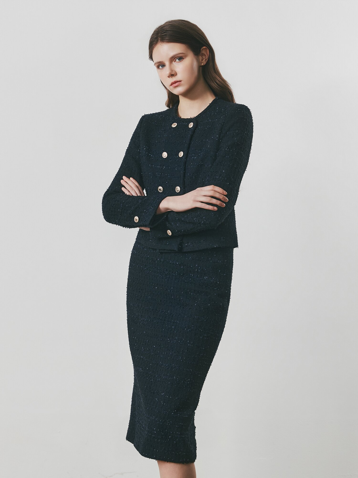 트위드 백 슬릿 H라인 스커트 (BLACK)