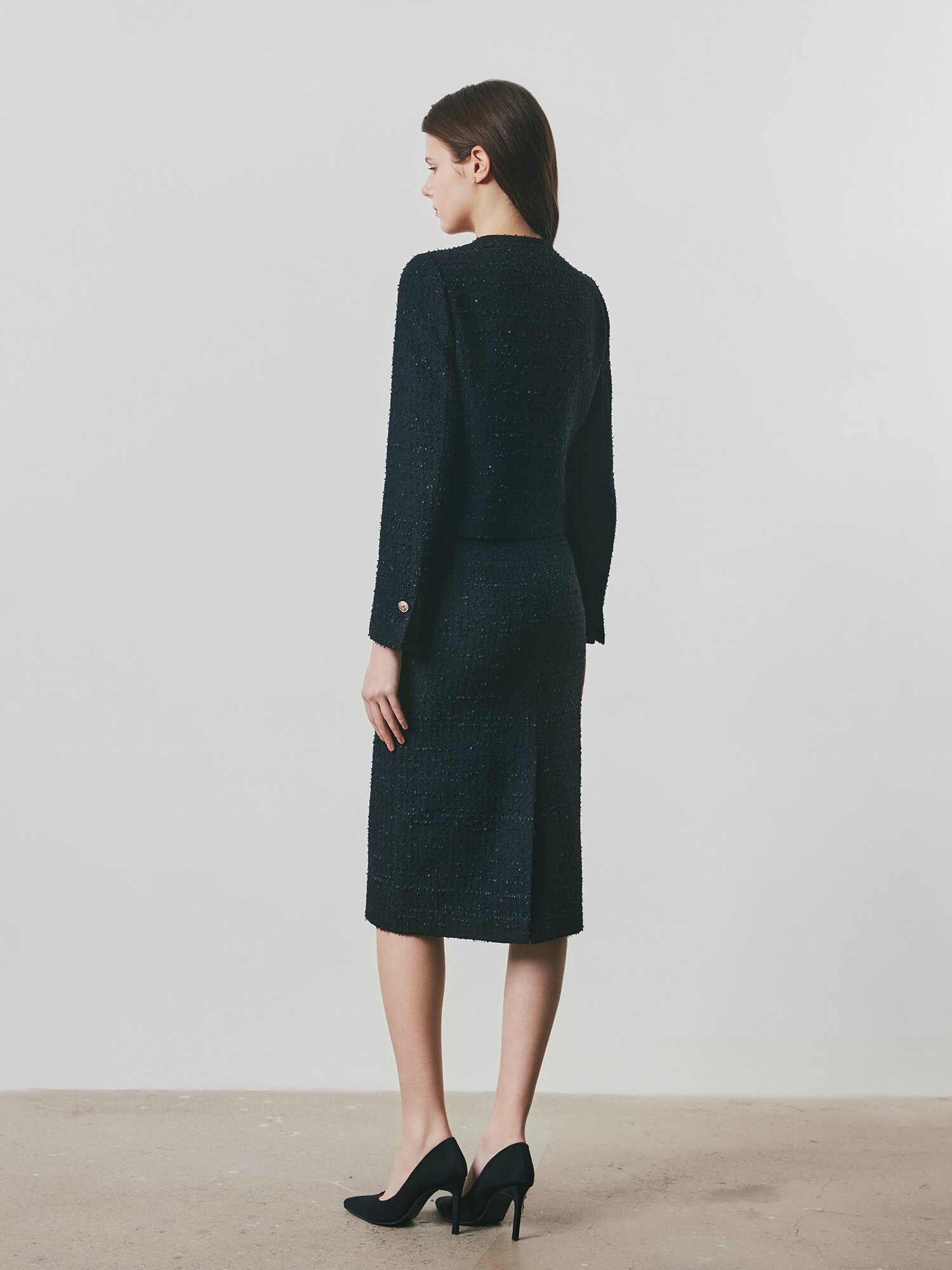 트위드 백 슬릿 H라인 스커트 (BLACK)