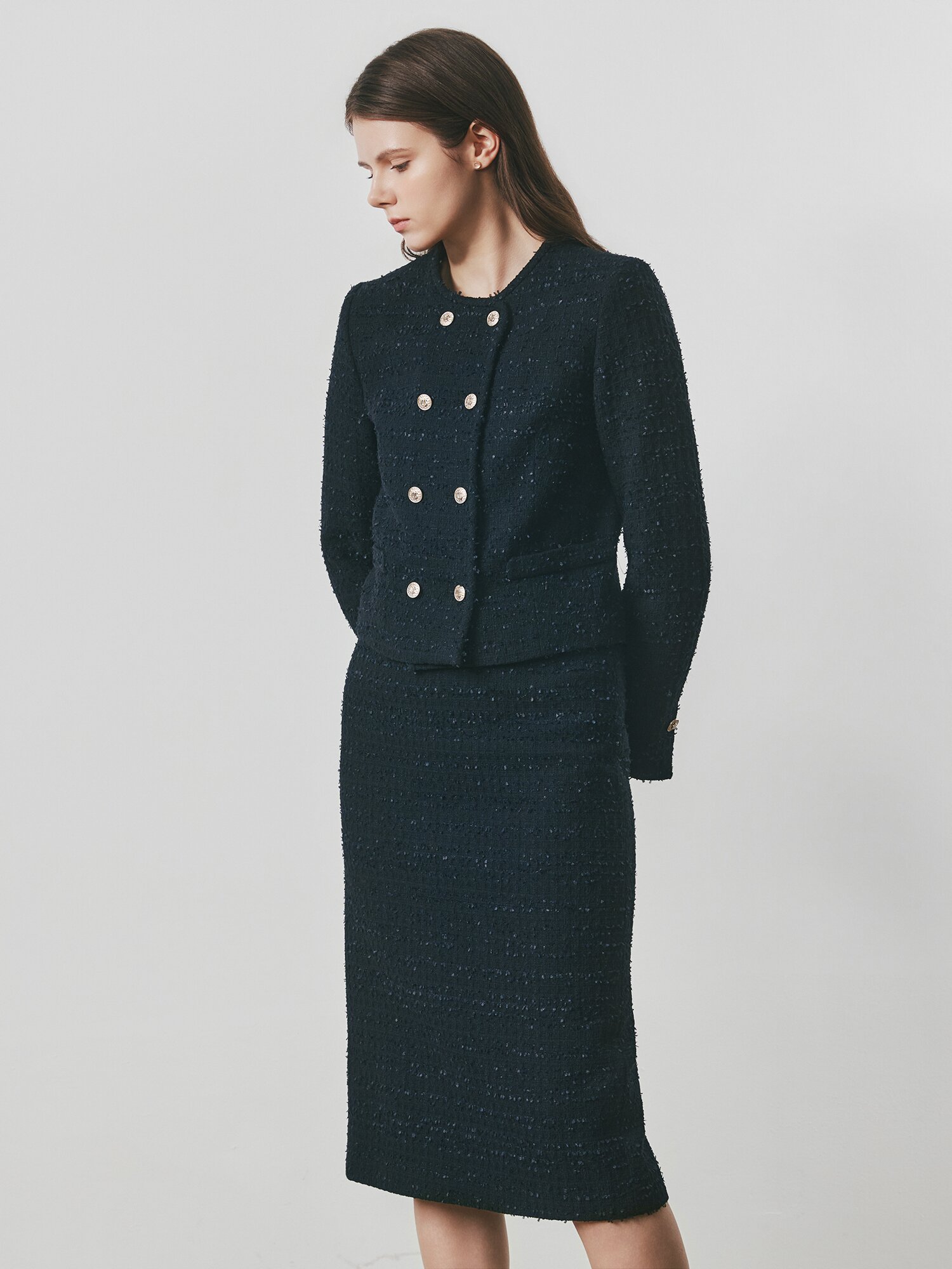 트위드 백 슬릿 H라인 스커트 (BLACK)