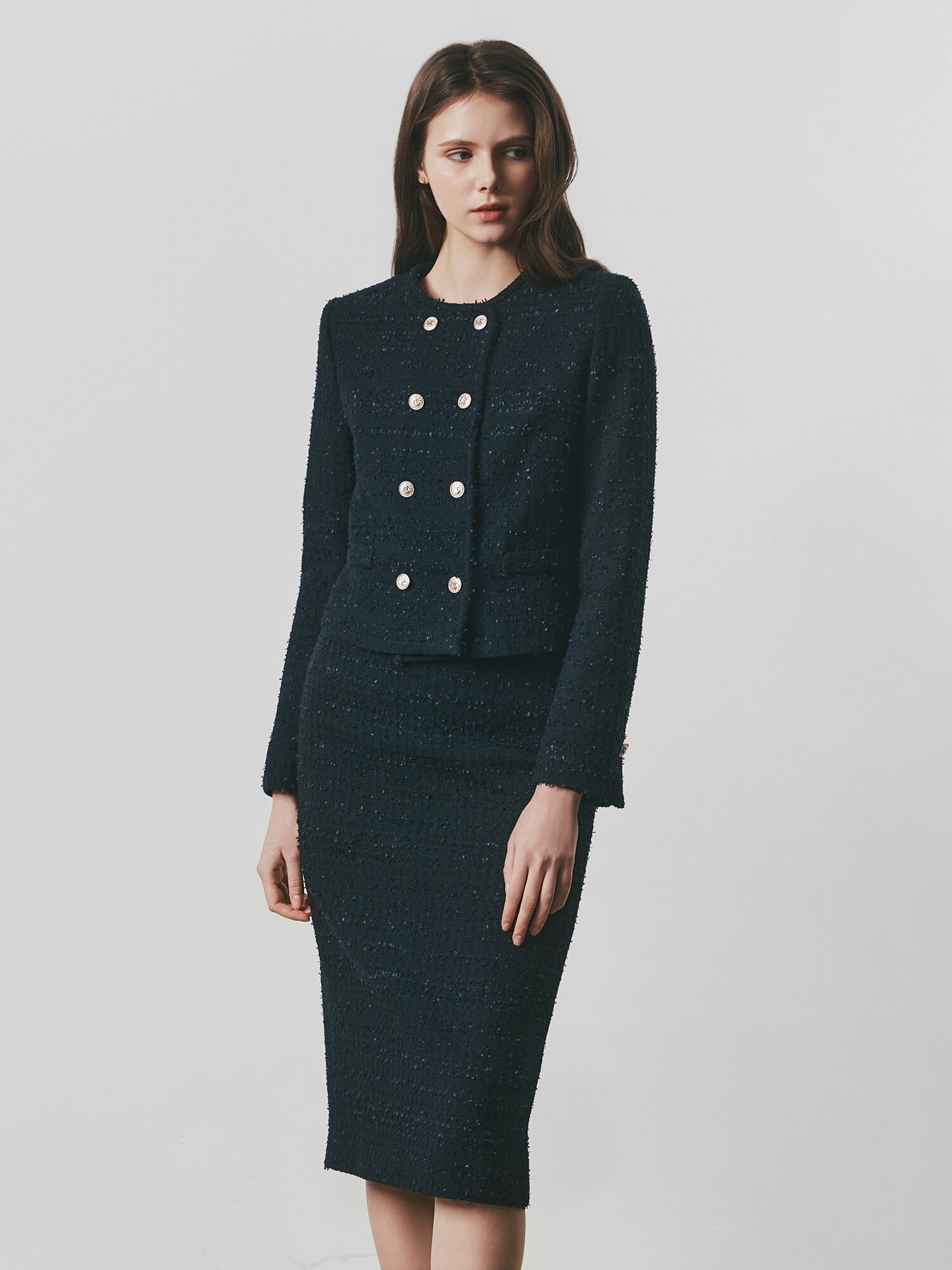 트위드 라운드넥 더블 크롭 재킷 (BLACK)