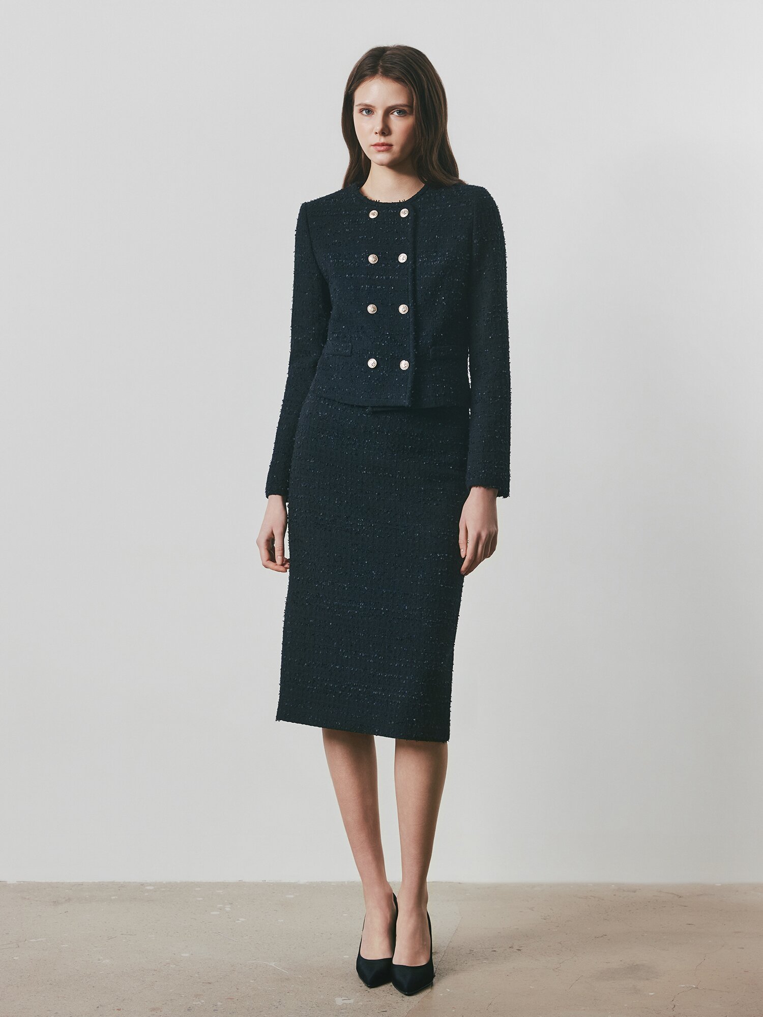 트위드 라운드넥 더블 크롭 재킷 (BLACK)