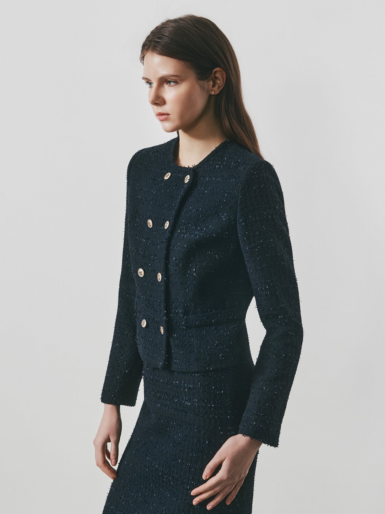 트위드 라운드넥 더블 크롭 재킷 (BLACK)