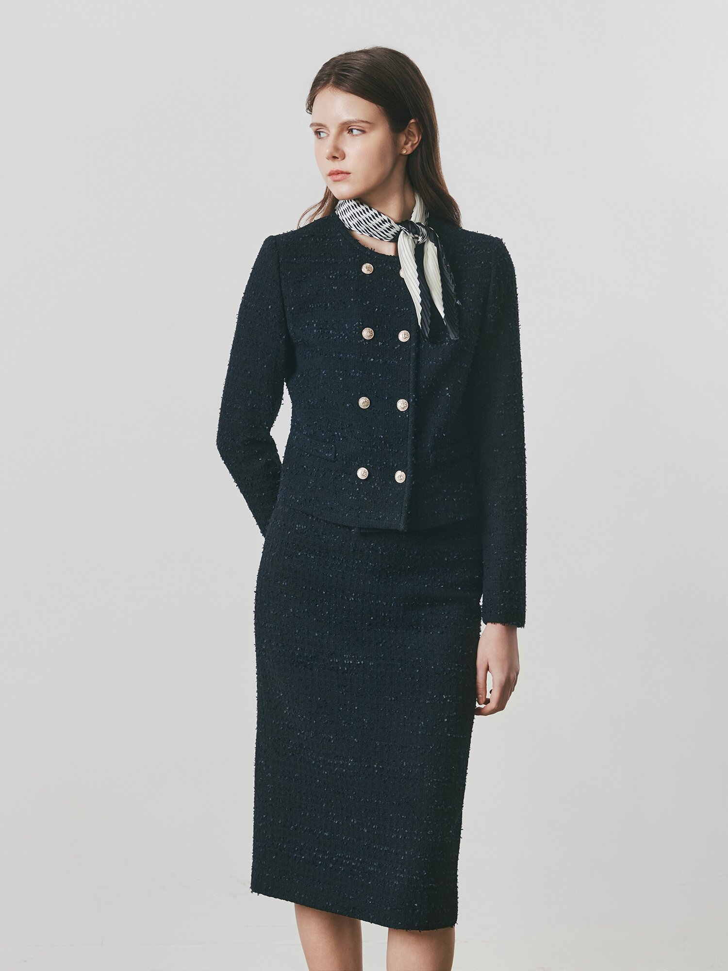 트위드 라운드넥 더블 크롭 재킷 (BLACK)