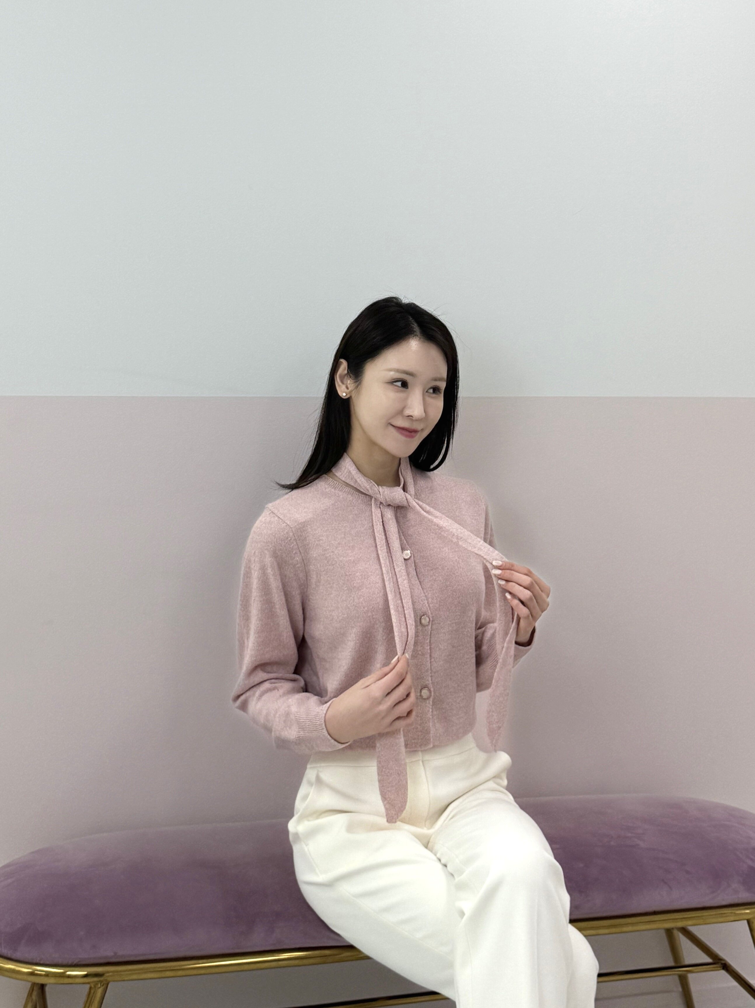 캐시미어 타이 라운드넥 가디건 (PINK)