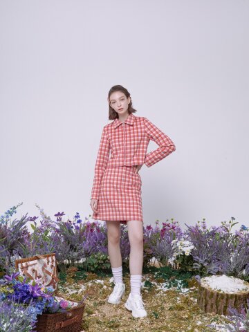 체크 크롭 자켓 (핑크)