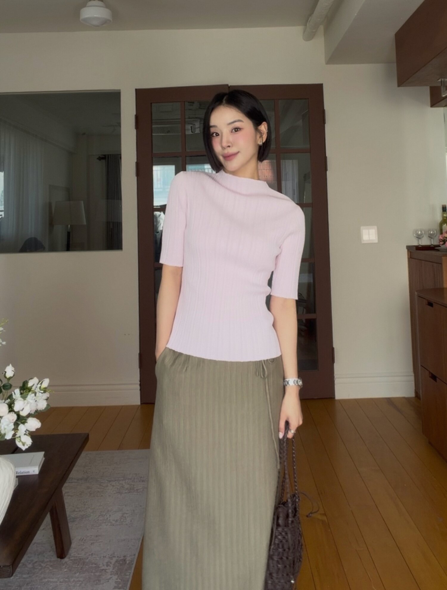 벨티드 링클 A라인 스커트 (LIGHT KHAKI)