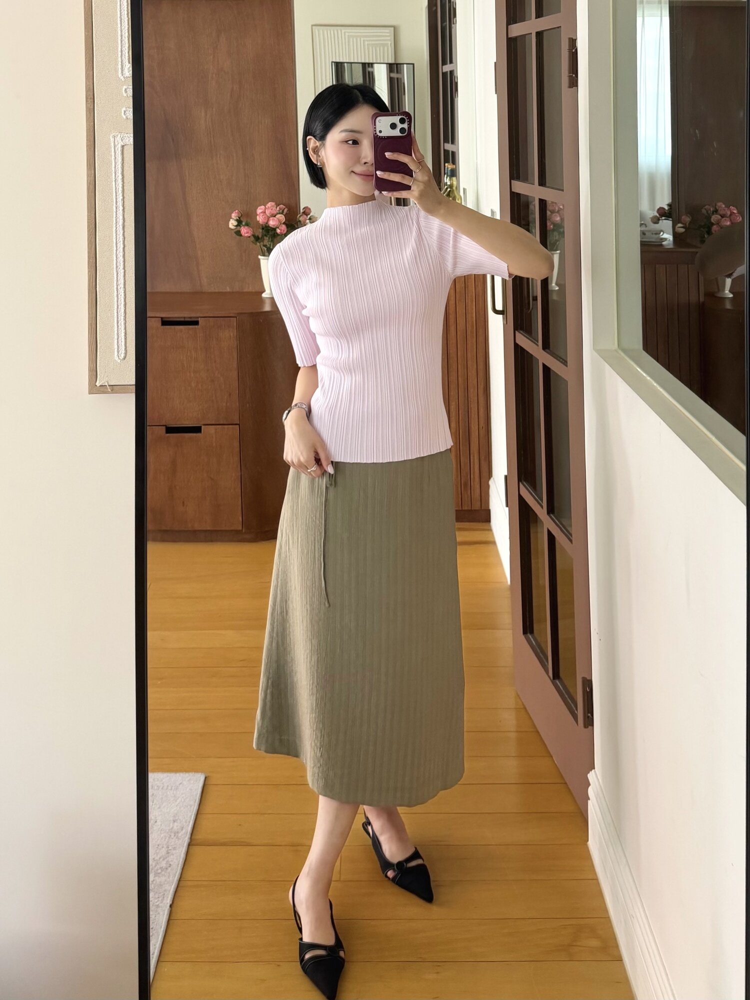 벨티드 링클 A라인 스커트 (LIGHT KHAKI)