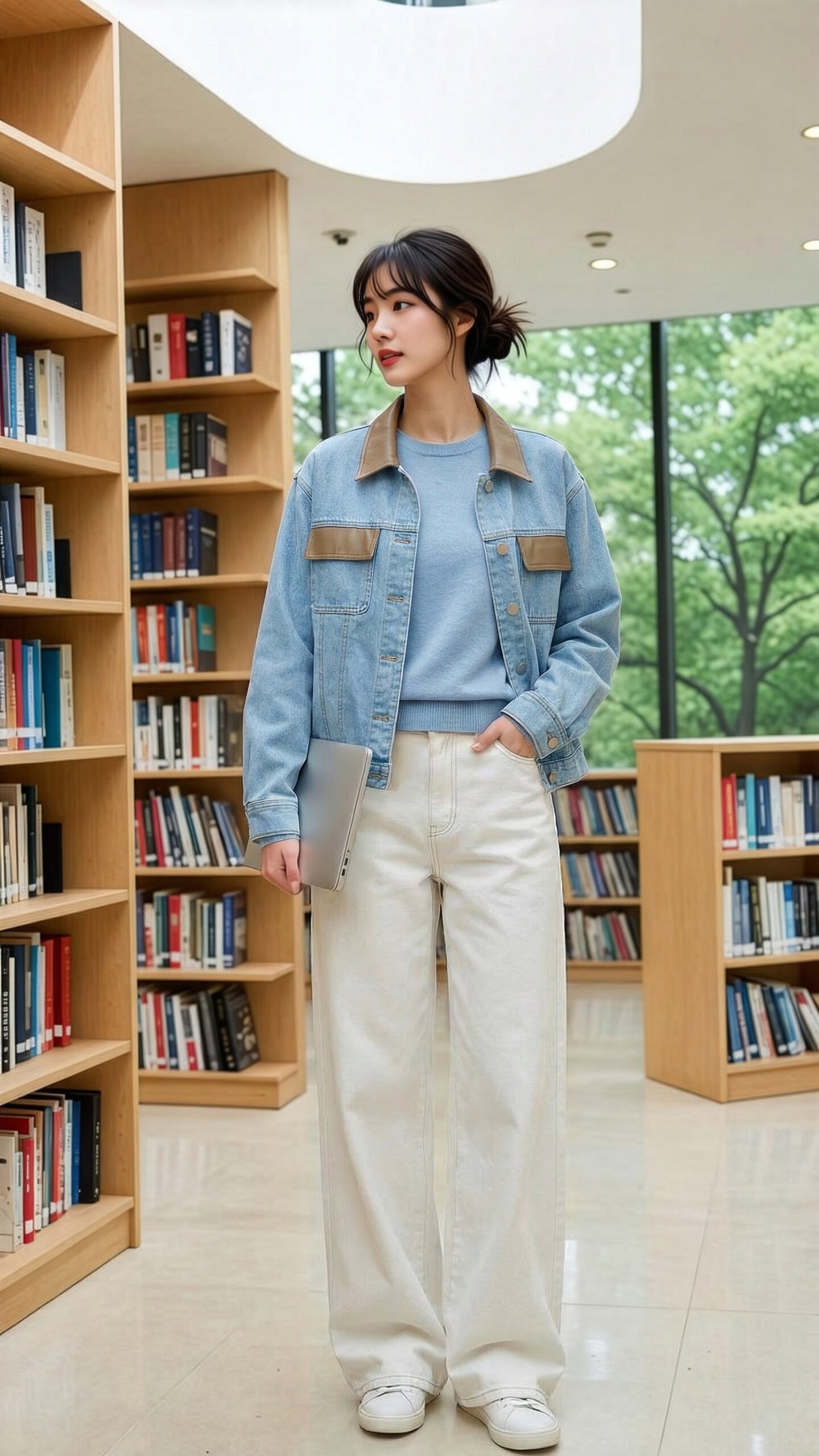 페이크 레더 배색 데님 재킷 (BLUE)