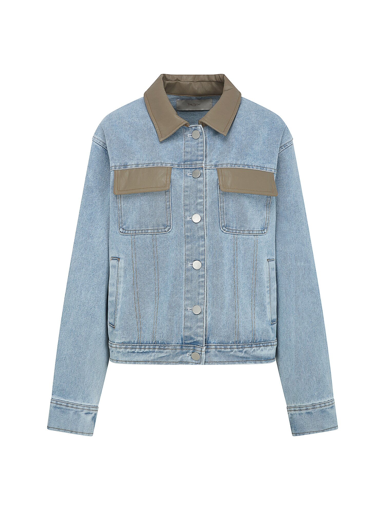 페이크 레더 배색 데님 재킷 (BLUE)