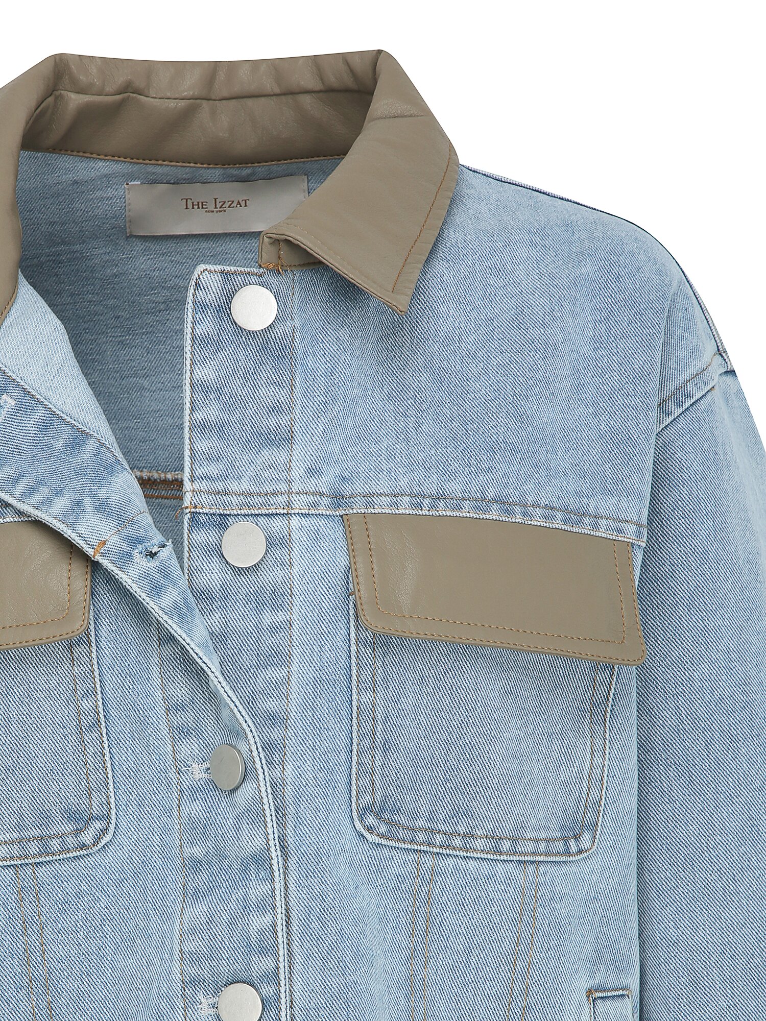 페이크 레더 배색 데님 재킷 (BLUE)