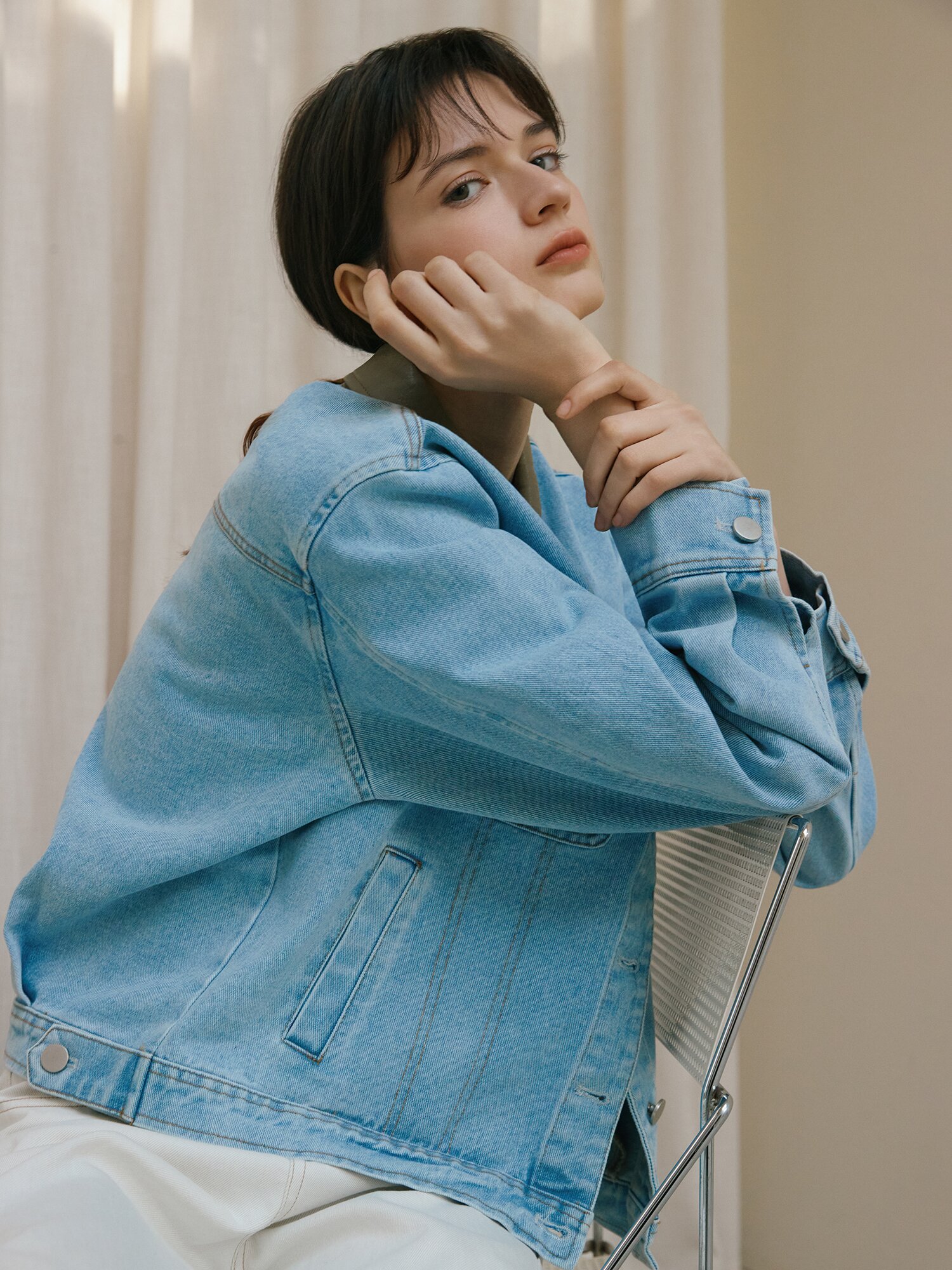 페이크 레더 배색 데님 재킷 (BLUE)