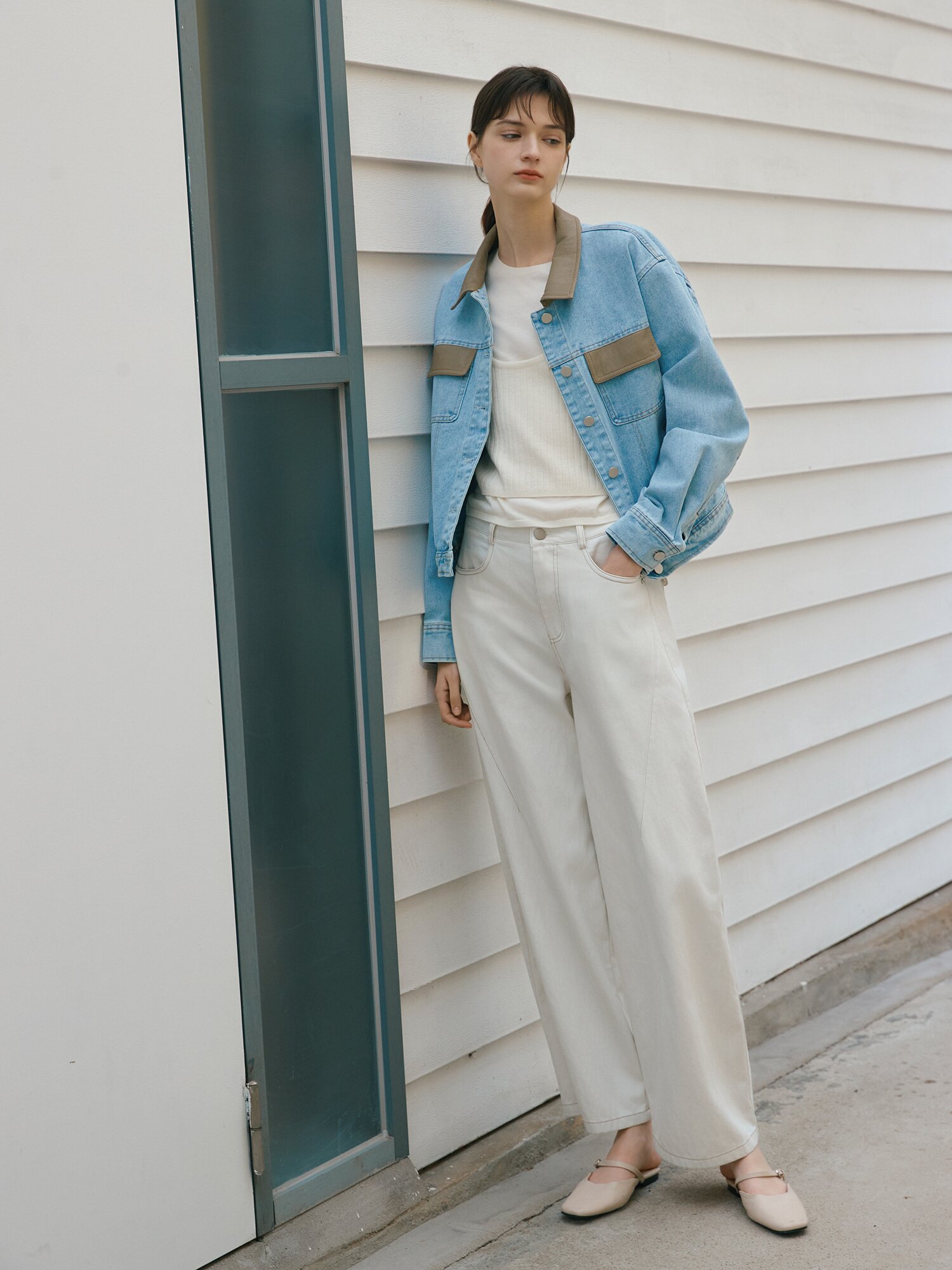 페이크 레더 배색 데님 재킷 (BLUE)