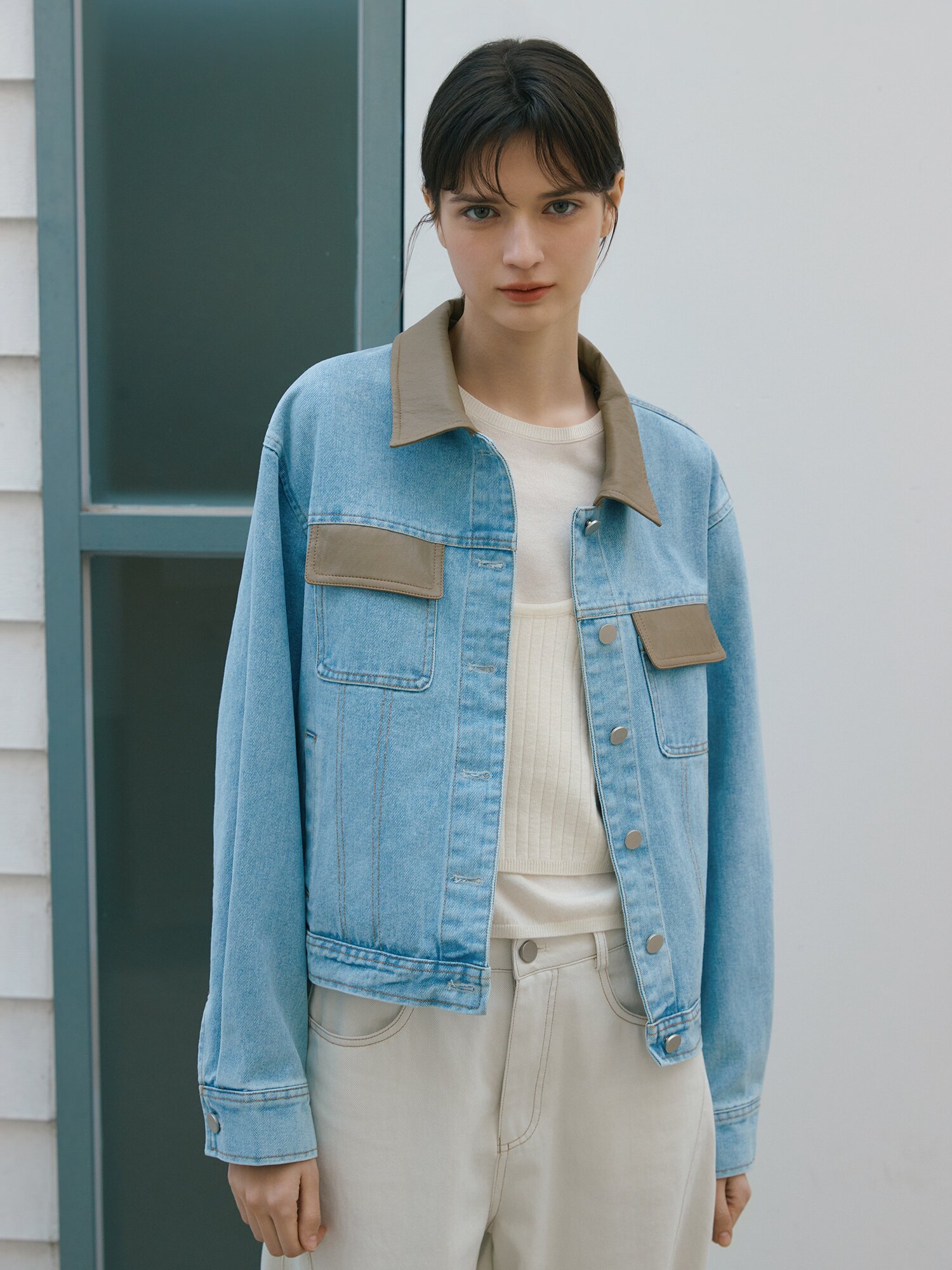 페이크 레더 배색 데님 재킷 (BLUE)