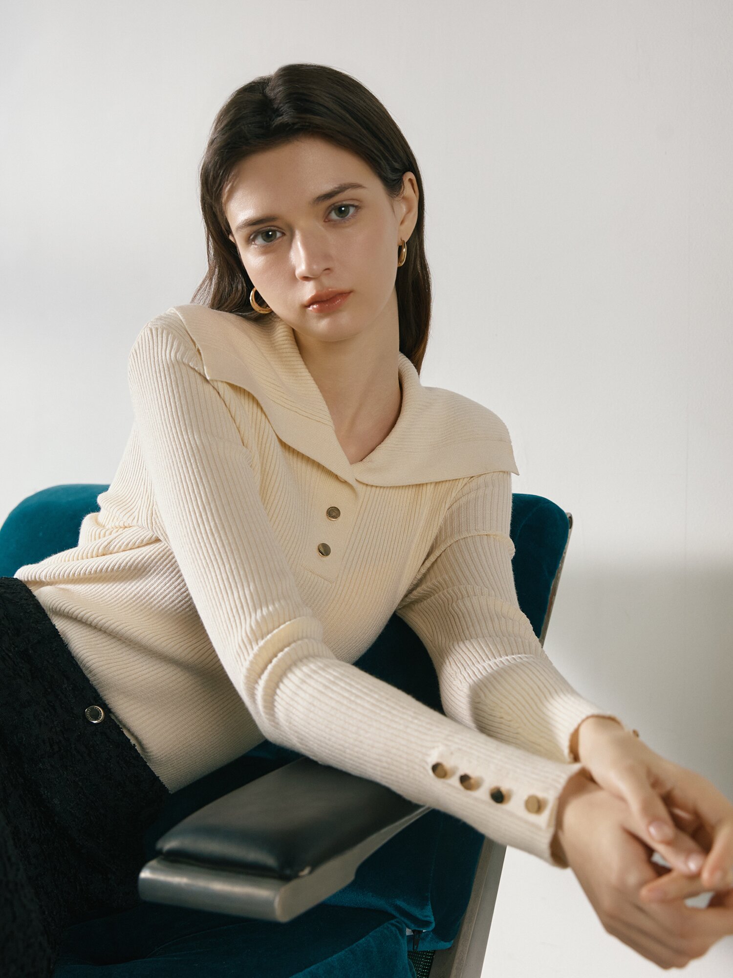 버튼 세일러 칼라 풀오버 니트 (IVORY)