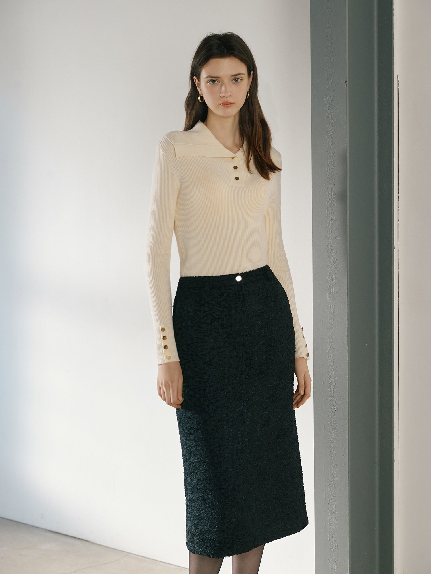 버튼 세일러 칼라 풀오버 니트 (IVORY)