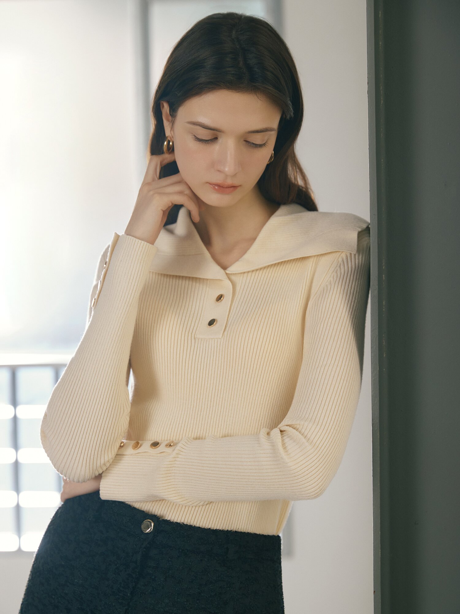 버튼 세일러 칼라 풀오버 니트 (IVORY)