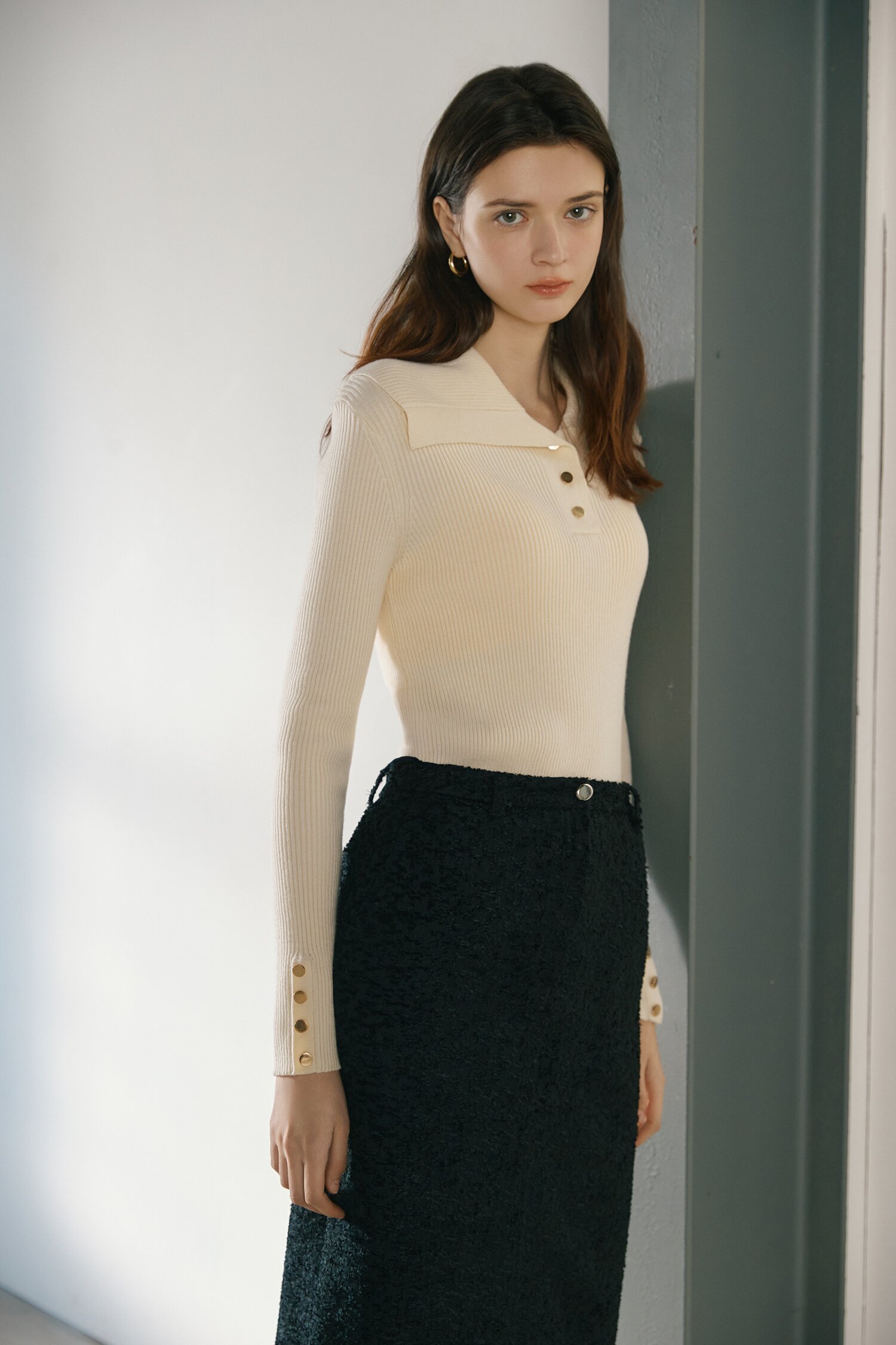 버튼 세일러 칼라 풀오버 니트 (IVORY)