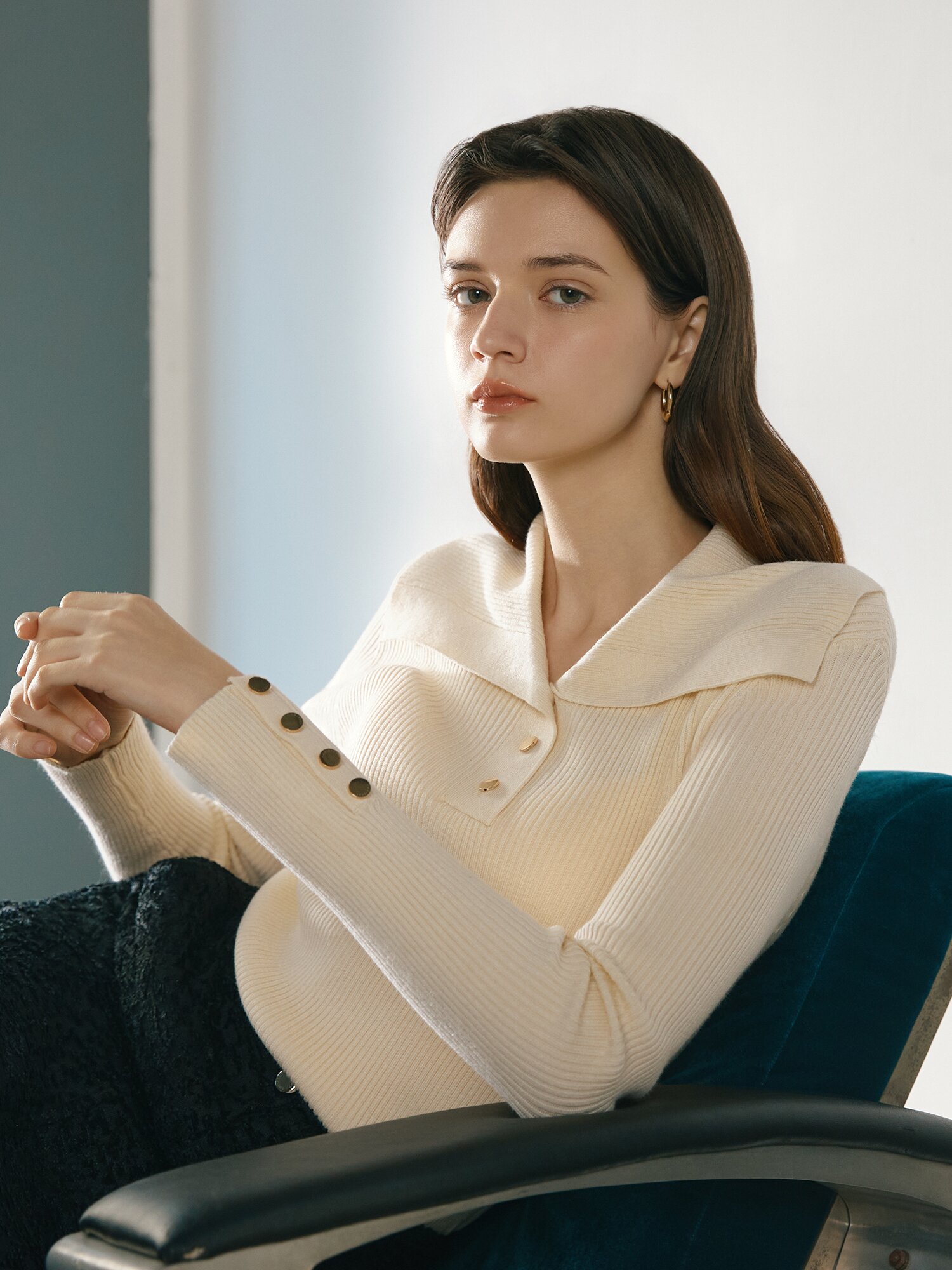 버튼 세일러 칼라 풀오버 니트 (IVORY)