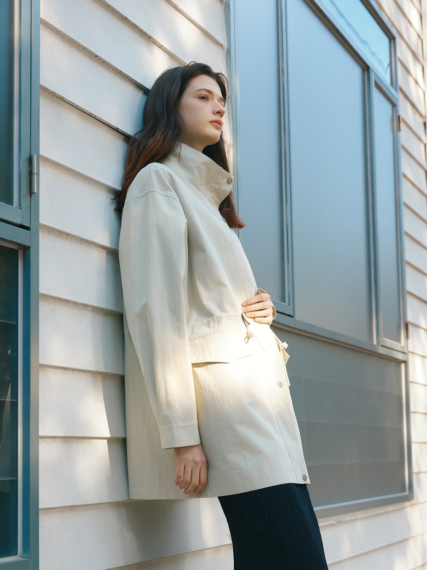 오버핏 스트링 하이넥 하프 재킷 (CREAM)