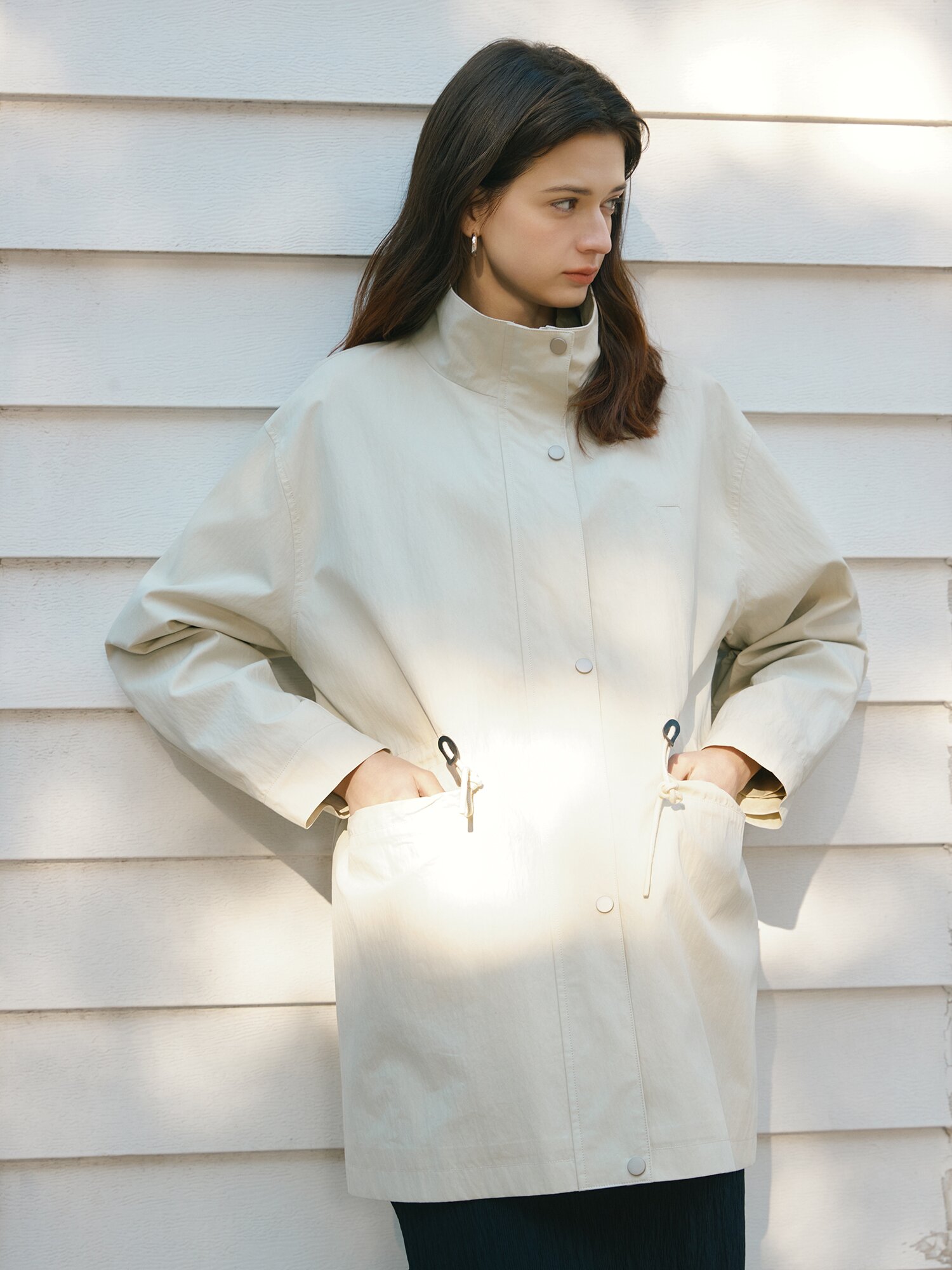 오버핏 스트링 하이넥 하프 재킷 (CREAM)