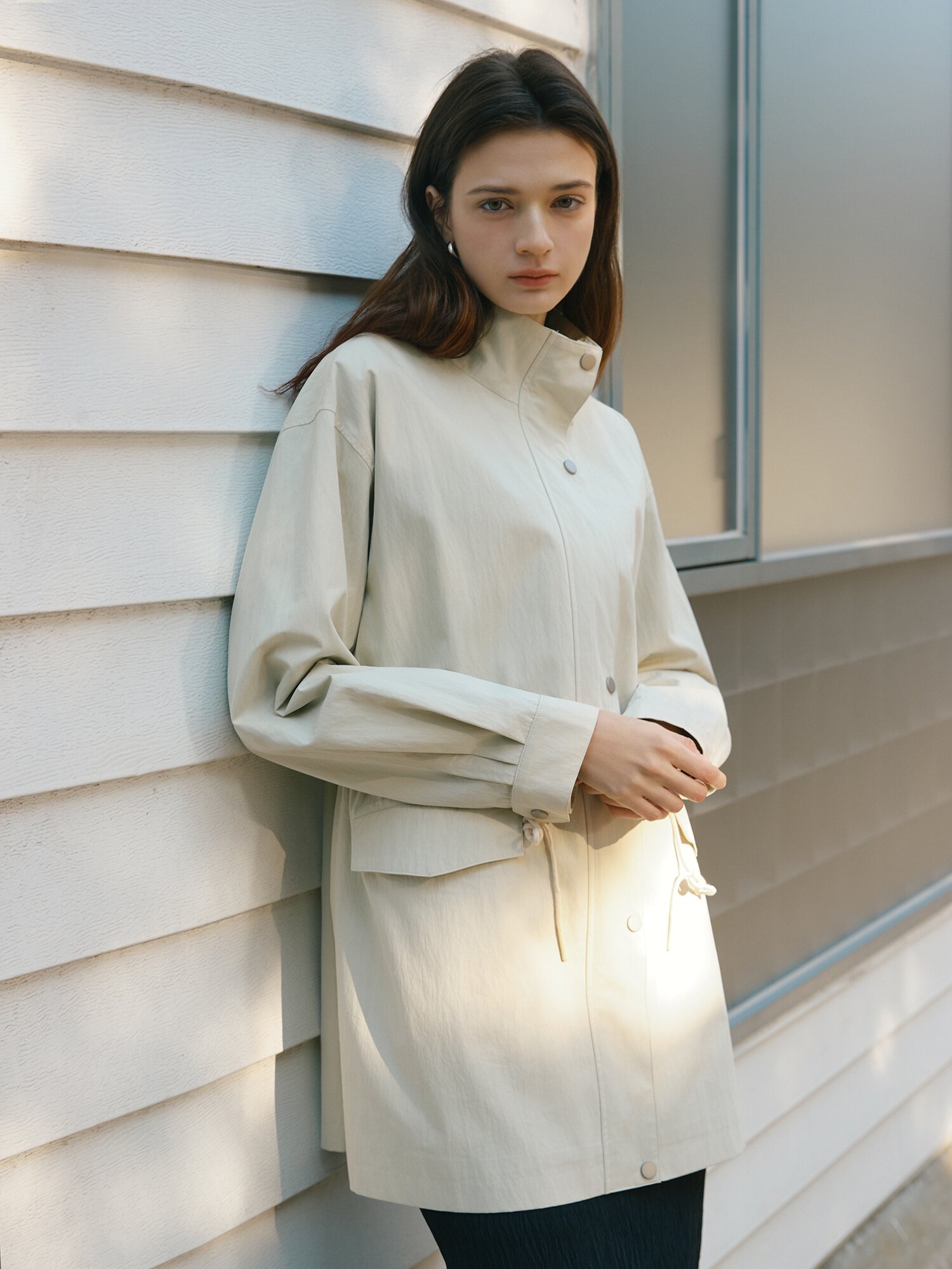 오버핏 스트링 하이넥 하프 재킷 (CREAM)