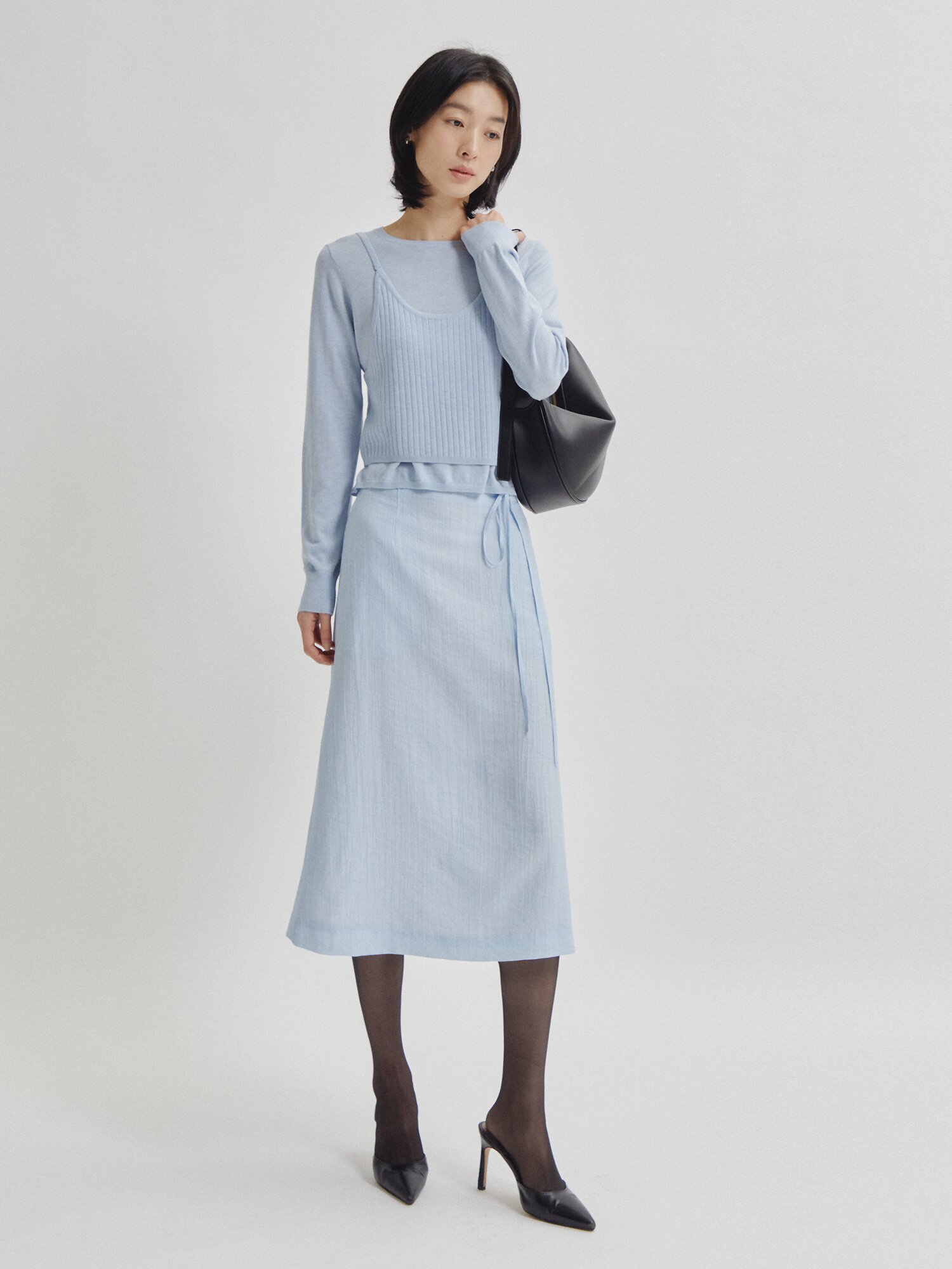 벨티드 링클 A라인 스커트 (LIGHT BLUE)