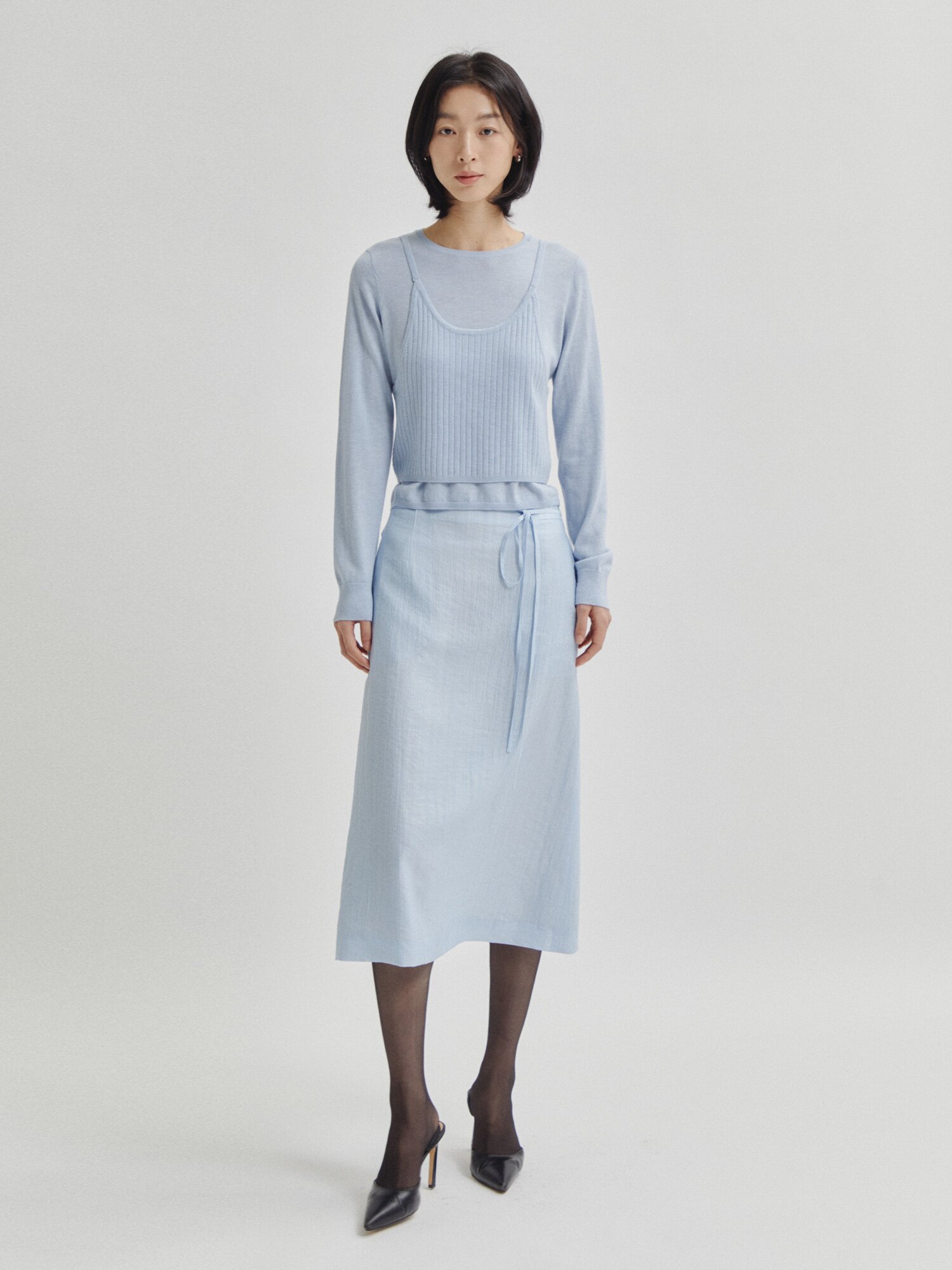 벨티드 링클 A라인 스커트 (LIGHT BLUE)