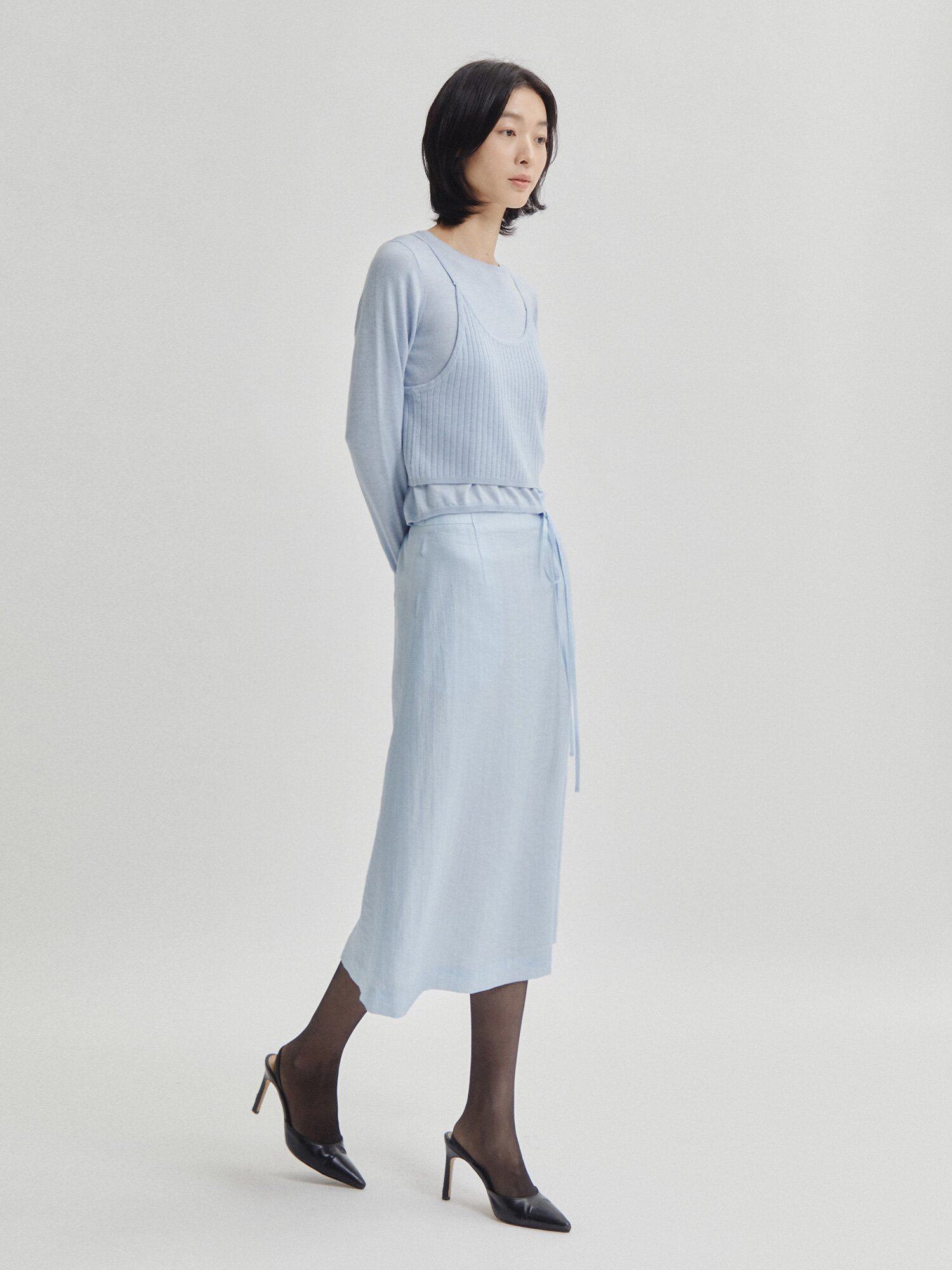 벨티드 링클 A라인 스커트 (LIGHT BLUE)