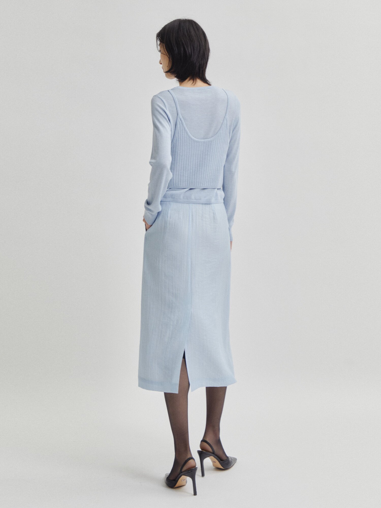 벨티드 링클 A라인 스커트 (LIGHT BLUE)