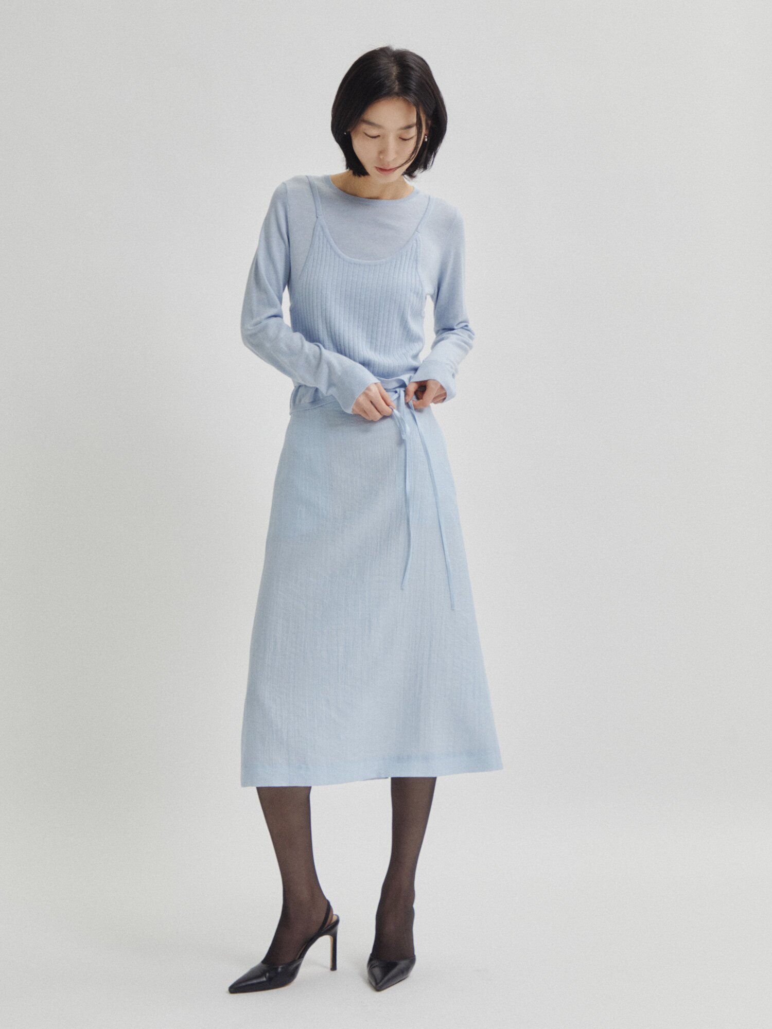 벨티드 링클 A라인 스커트 (LIGHT BLUE)