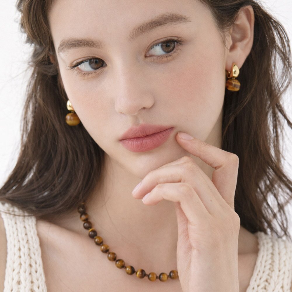 루앙뜨 호안석 원석 목걸이 4mm 6mm 브라운 실버 데일리 행운 네크리스 E70