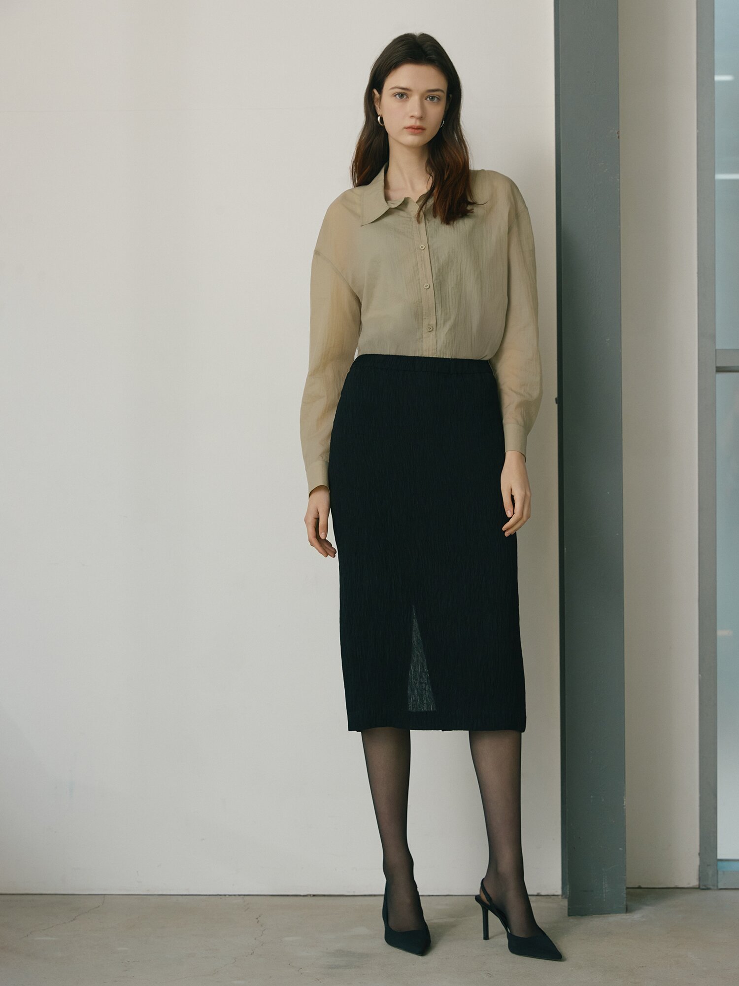 린넨 링클 밴딩 H라인 스커트 (BLACK)