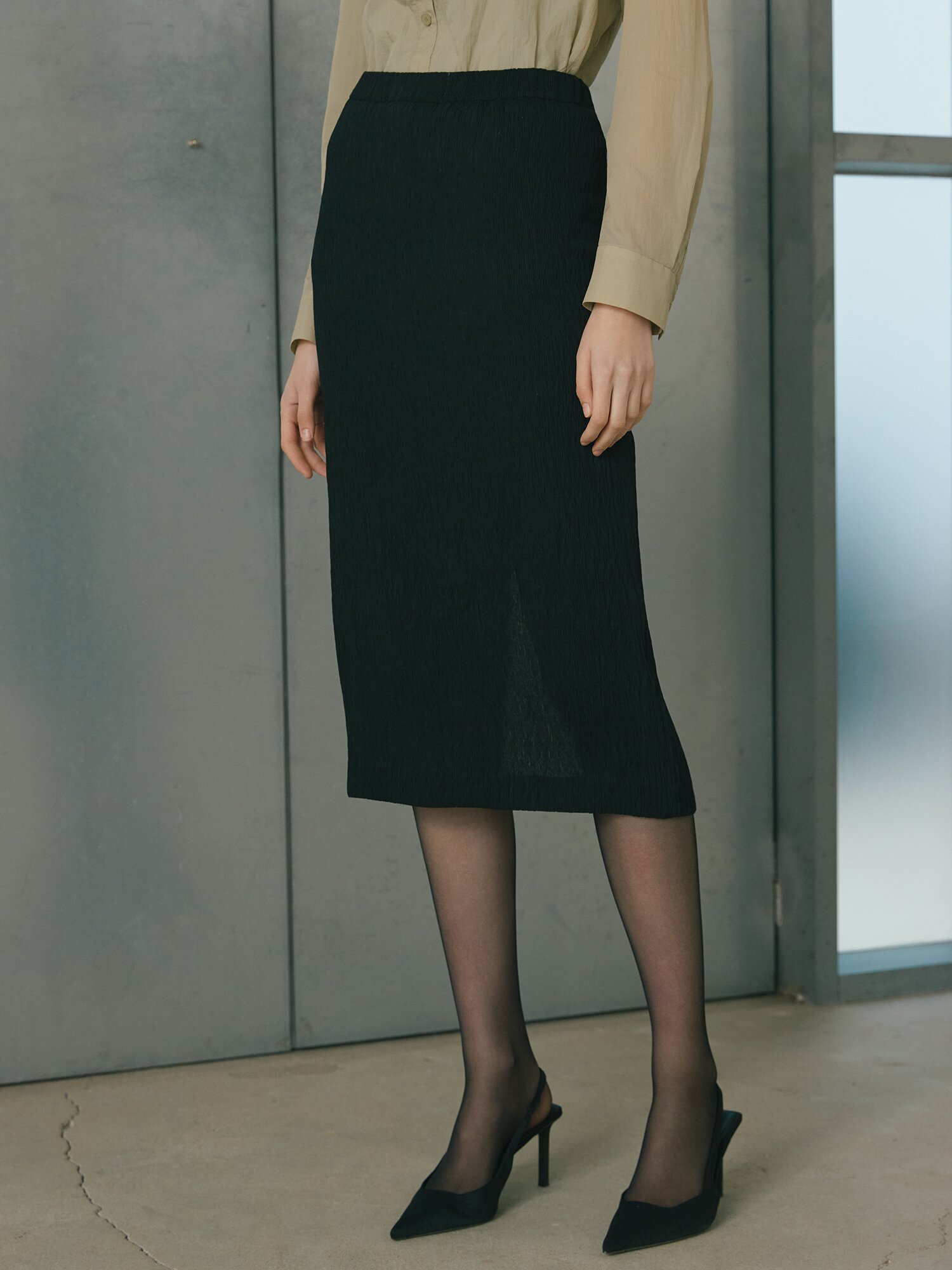 린넨 링클 밴딩 H라인 스커트 (BLACK)