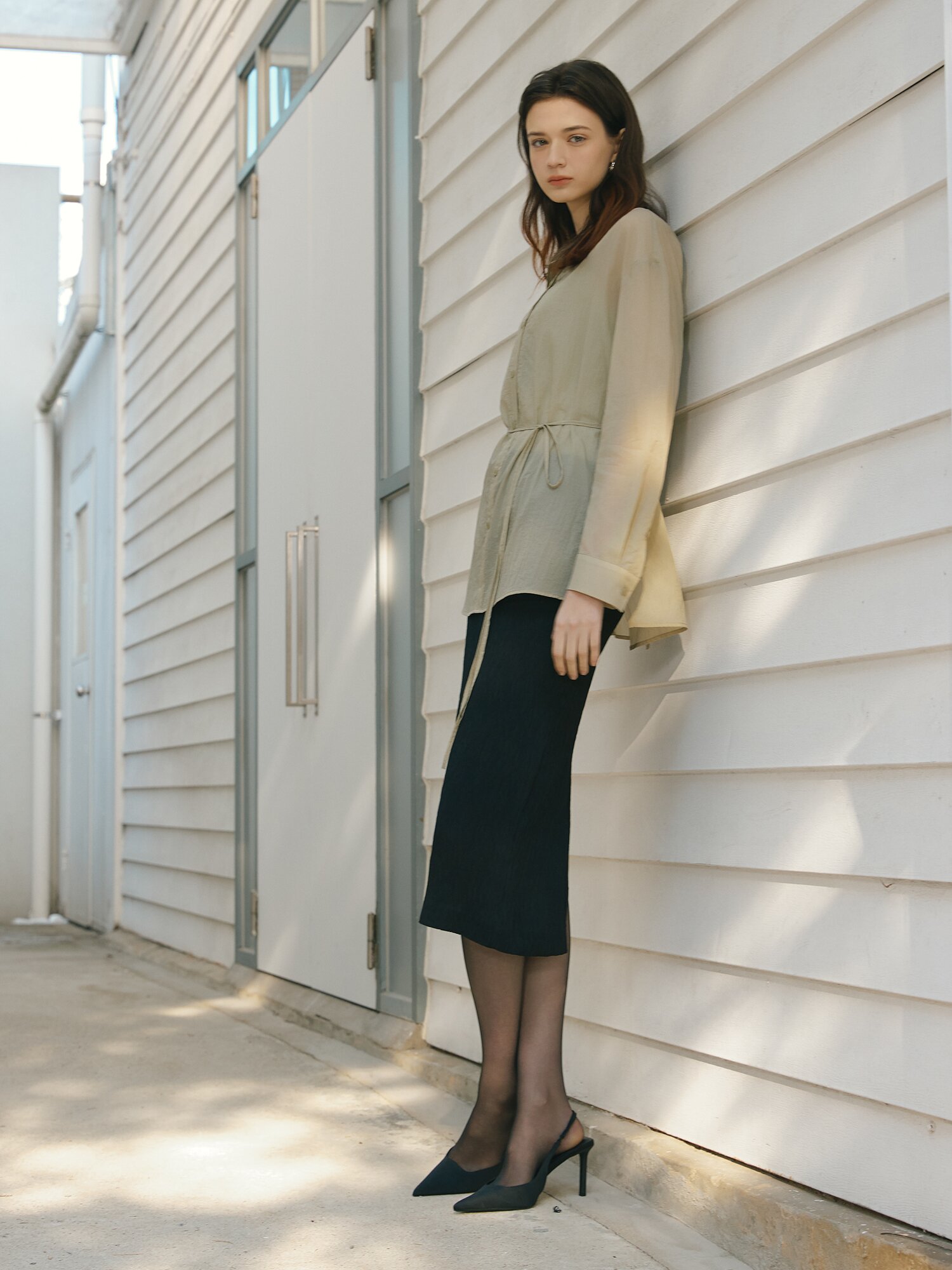 린넨 링클 밴딩 H라인 스커트 (BLACK)