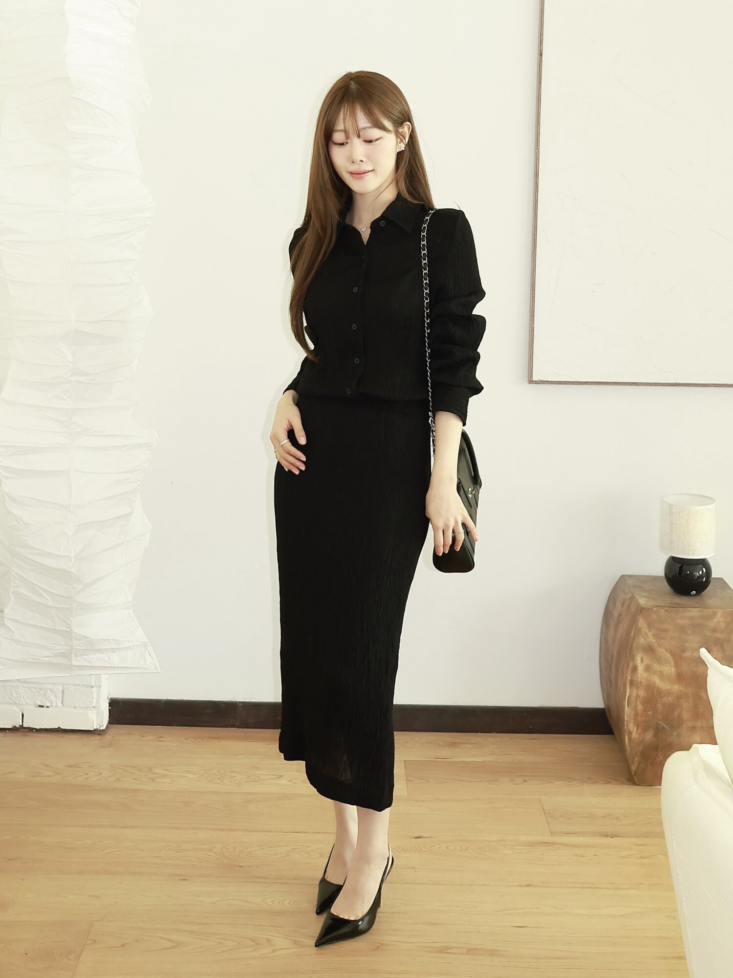 린넨 링클 밴딩 H라인 스커트 (BLACK)