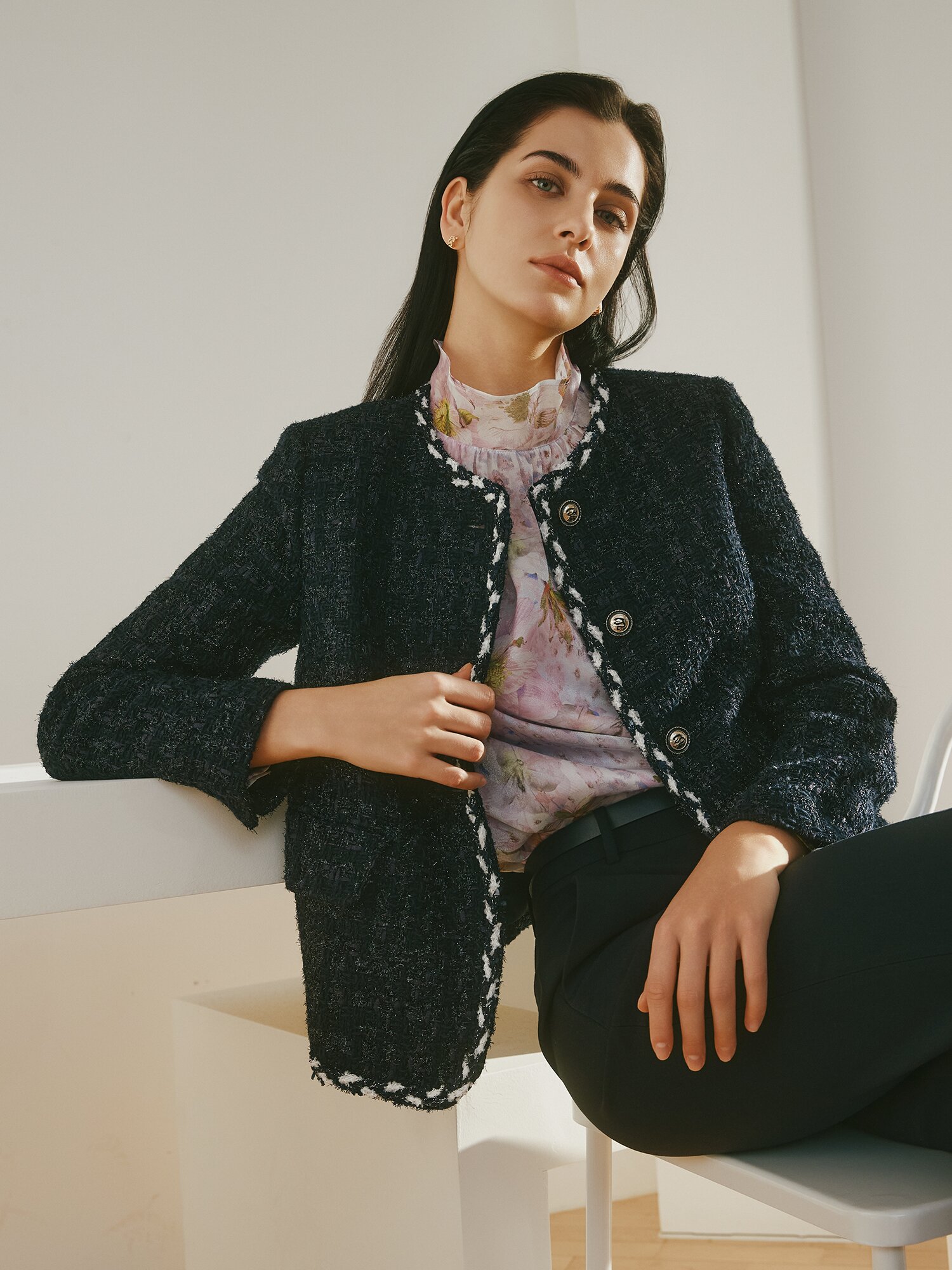 글리터 트위드 브레이드 재킷 (NAVY)