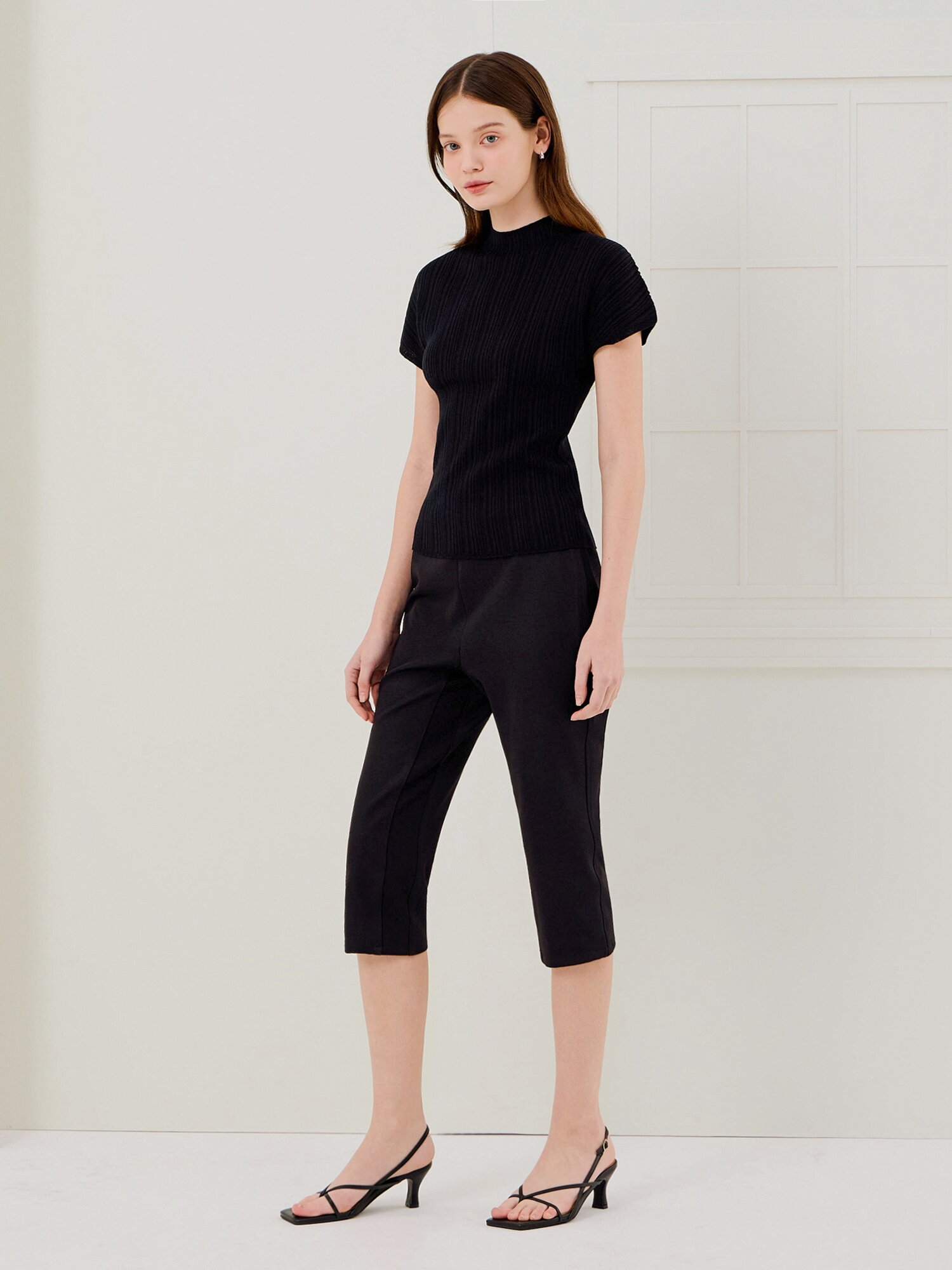 스판 배색 7부 팬츠 (BLACK)