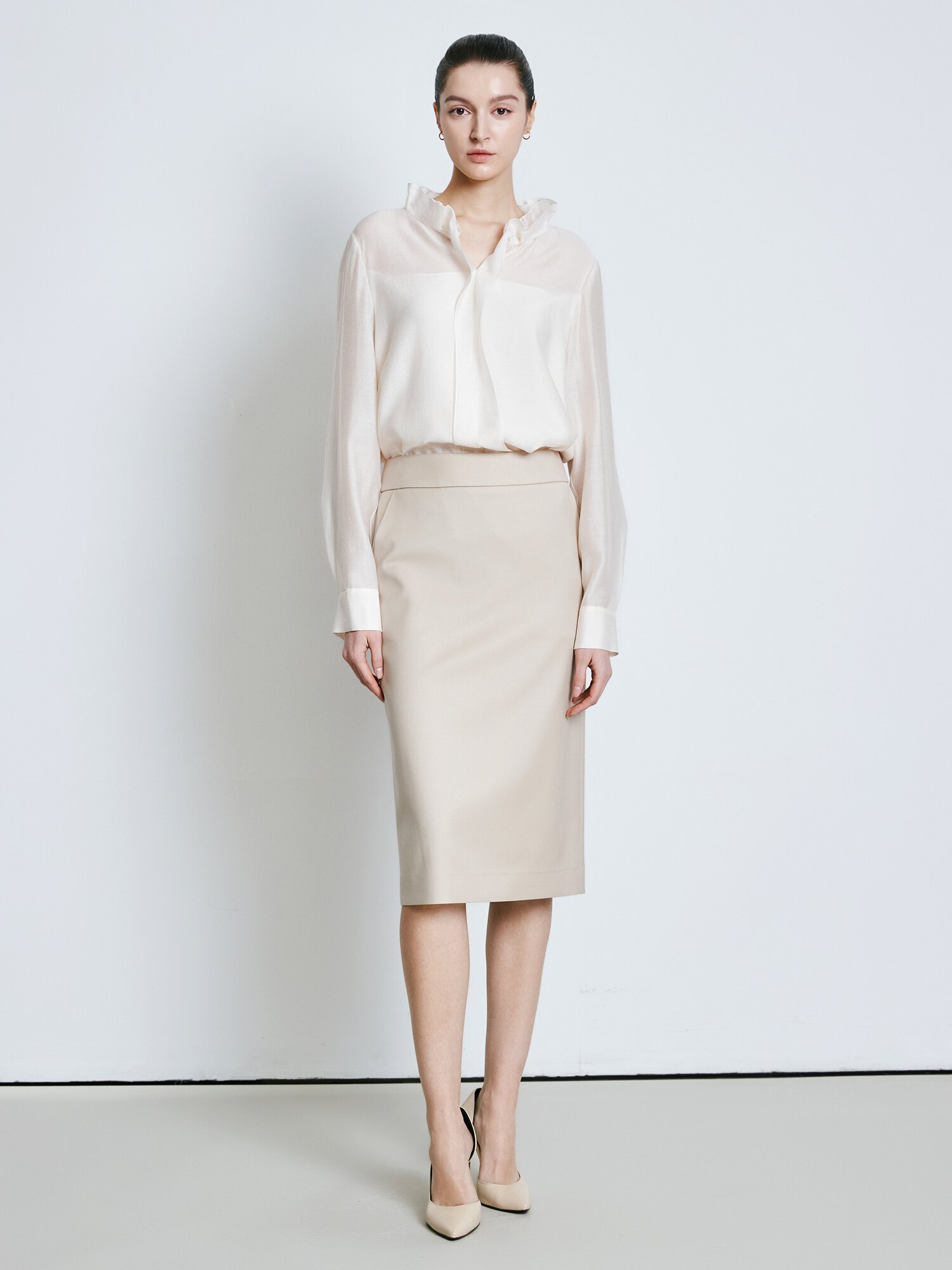 울 스판 H라인 미디 스커트 (BEIGE)