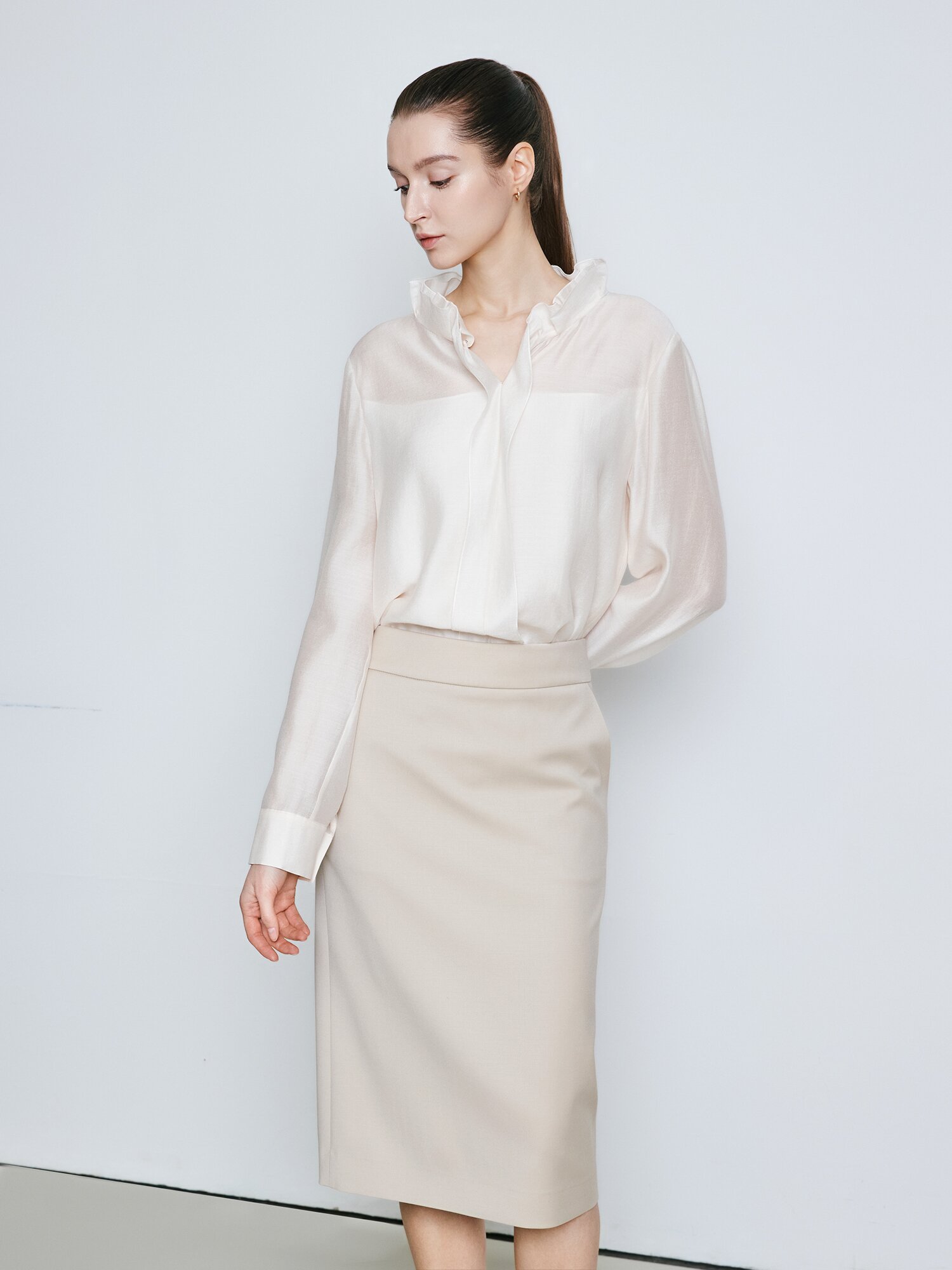 울 스판 H라인 미디 스커트 (BEIGE)