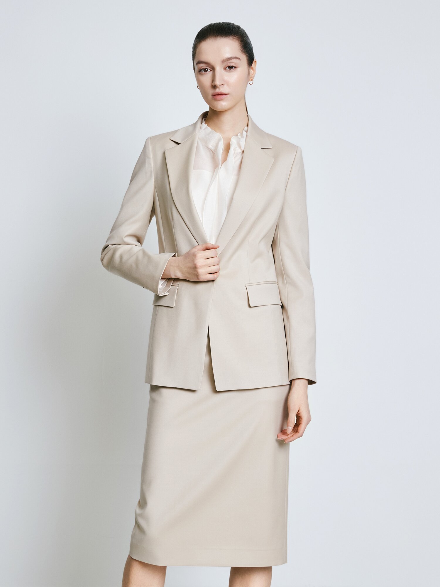 울 스판 H라인 미디 스커트 (BEIGE)