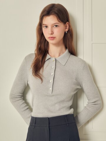 울 골지 버튼 칼라 풀오버 니트 