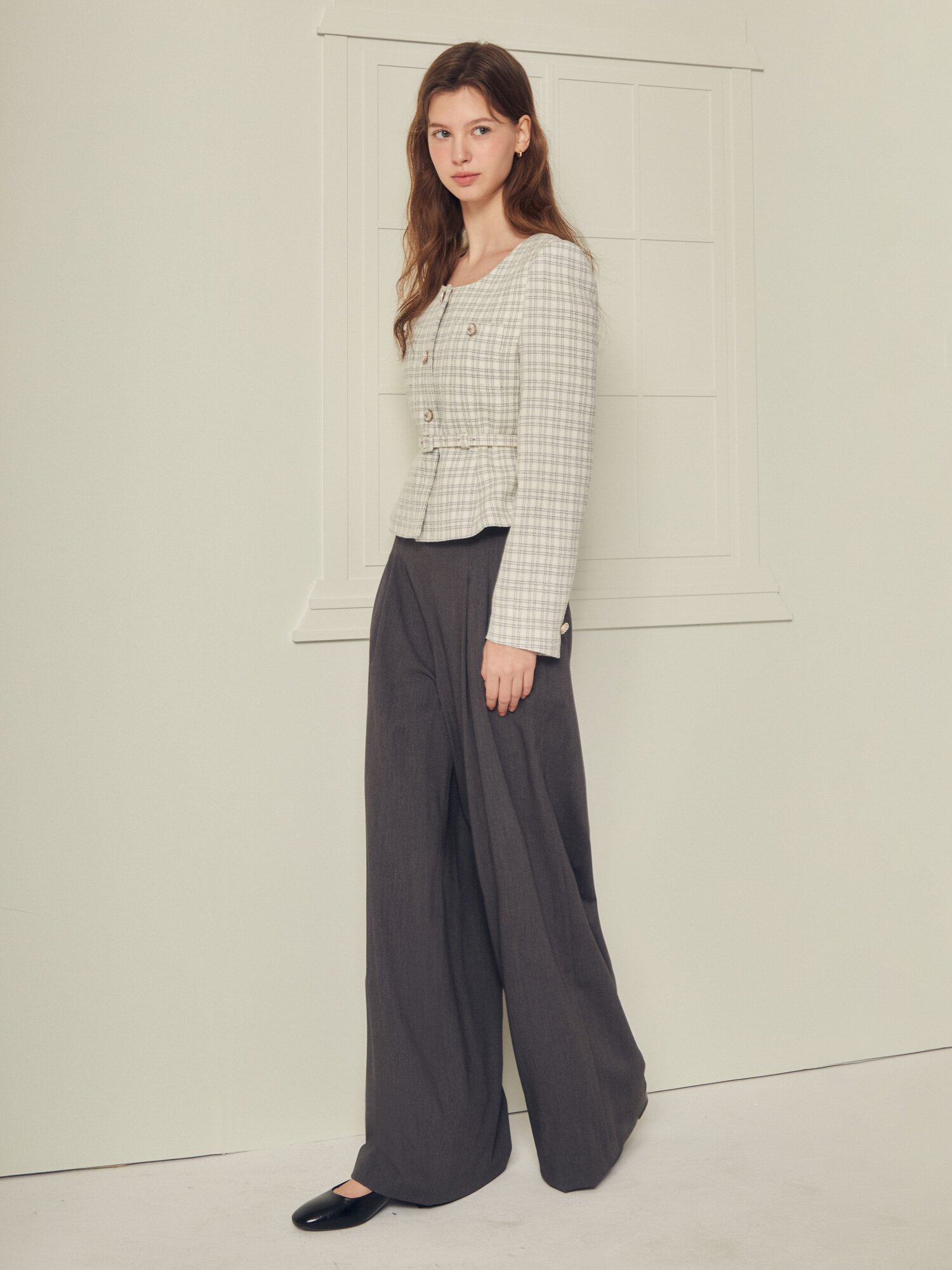 벨티드 울 투턱 와이드 팬츠 (GREY)