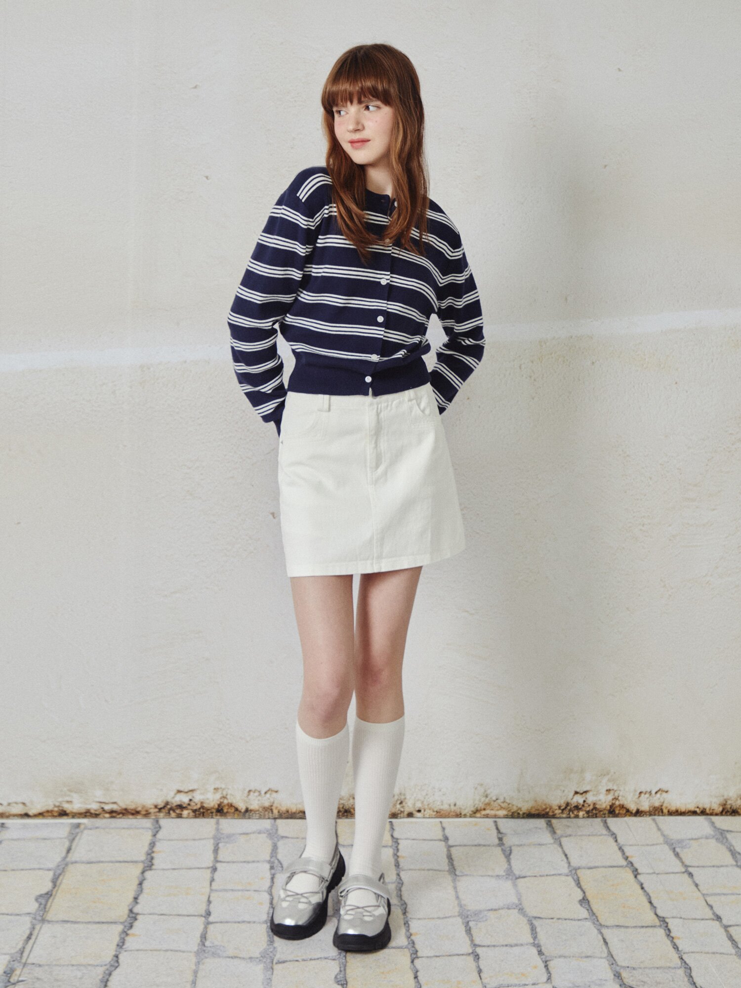 라운드넥 스트라이프 니트 카디건 (NAVY)