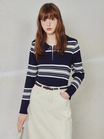 스트라이프 집업 칼라 니트 