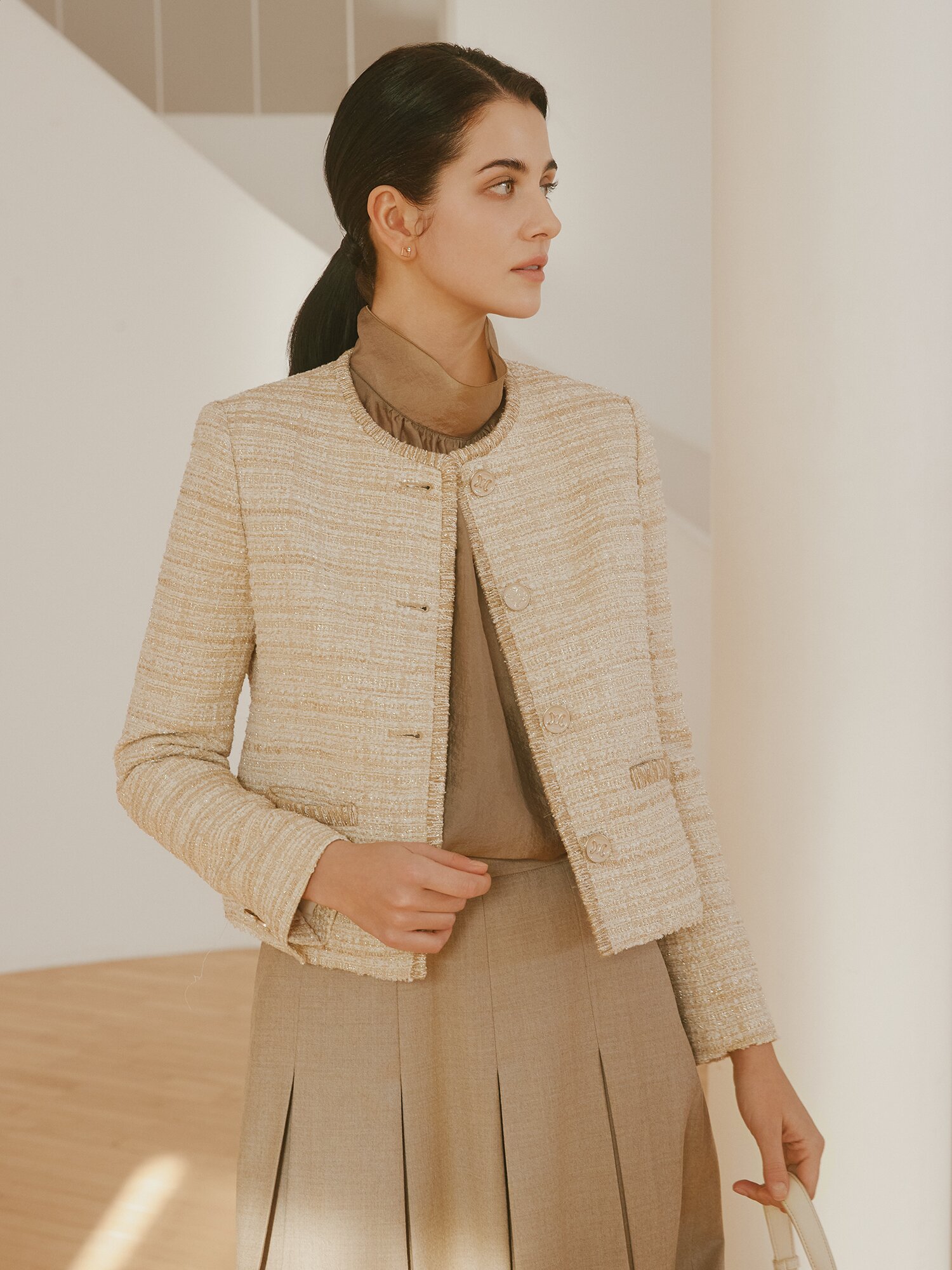 코튼 트위드 라운드넥 크롭 재킷 (BEIGE)