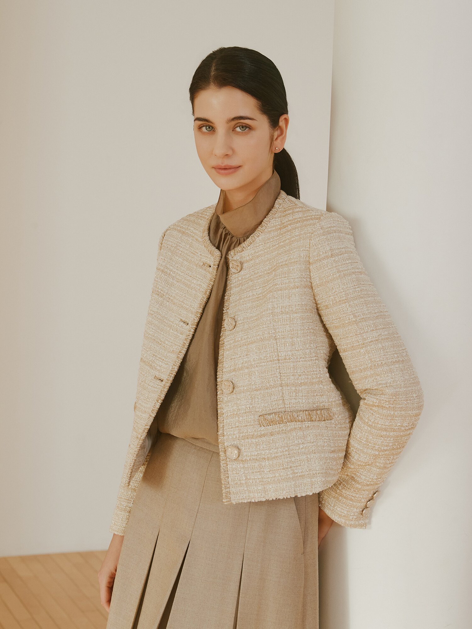 코튼 트위드 라운드넥 크롭 재킷 (BEIGE)