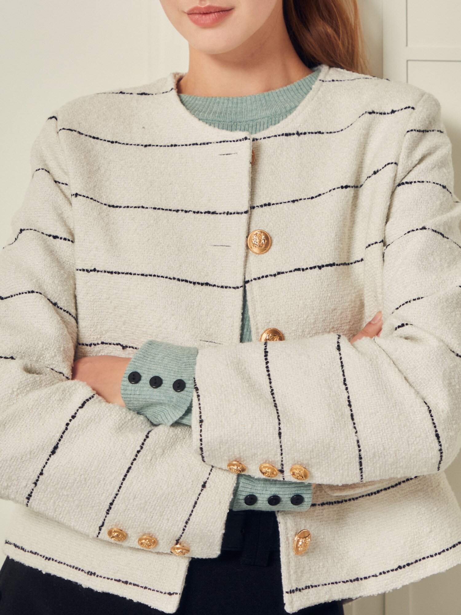 스트라이프 트위드 라운드넥 재킷 (STRIPE IVORY)