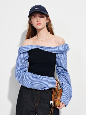 WD_Plaid off-shoulder blouse