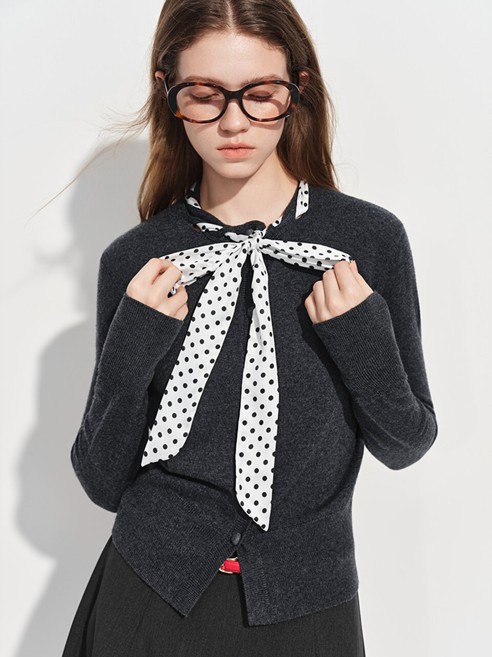 WD_Polka dot scarf neck blouse cardigan