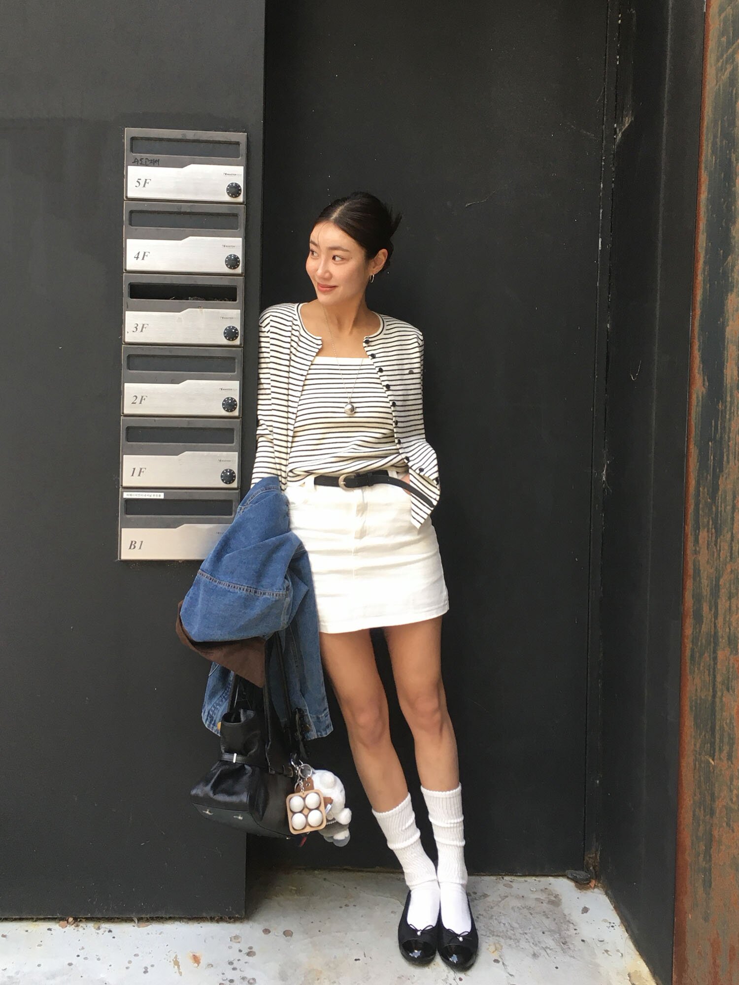 스트라이프 라운드넥 니트 가디건 (IVORY)